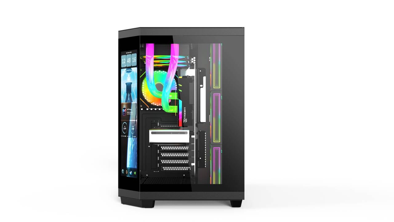 IONZ APEX Vision ATX Mid Tower PC Gaming Case - Dual Chamber Design, 4 ARGB PWM Fans & LCD Screen (Black) - Perfect for High-Performance Gaming Rigs & Custom PC Builds