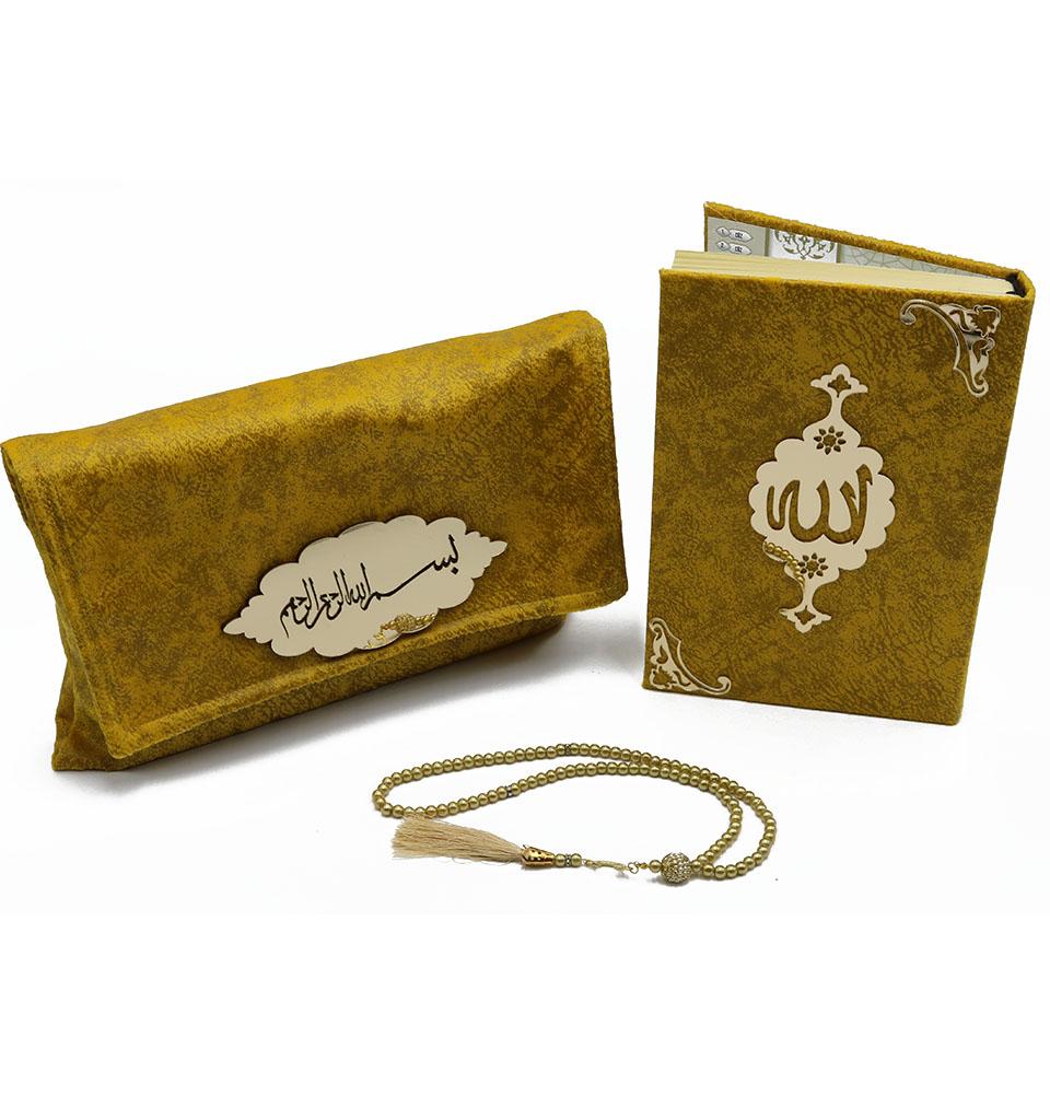 Beautiful Holy Quran with Velvet Gift Bag & Prayer Beads - Golden Yellow - Perfect for Ramadan Gifts, Islamic Studies & Home Decor