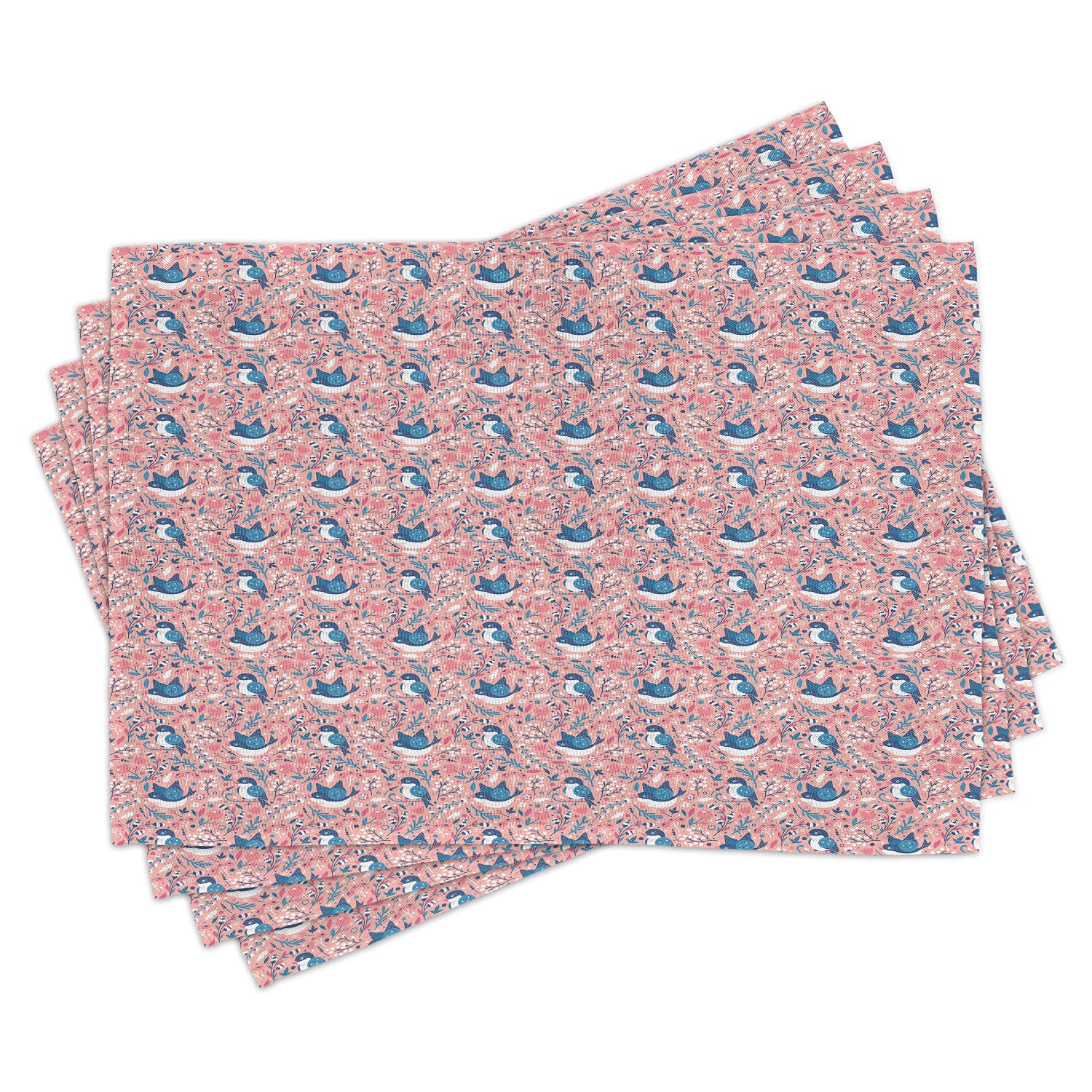 Ambesonne 4-Pack Botanical Placemats Set - Floral & Swallow Bird Design, Washable Fabric Table Mats for Dining Room & Kitchen Decor in Coral, Pink & Blue | Perfect for Spring Tablescapes, Dinner Parties & Home Styling