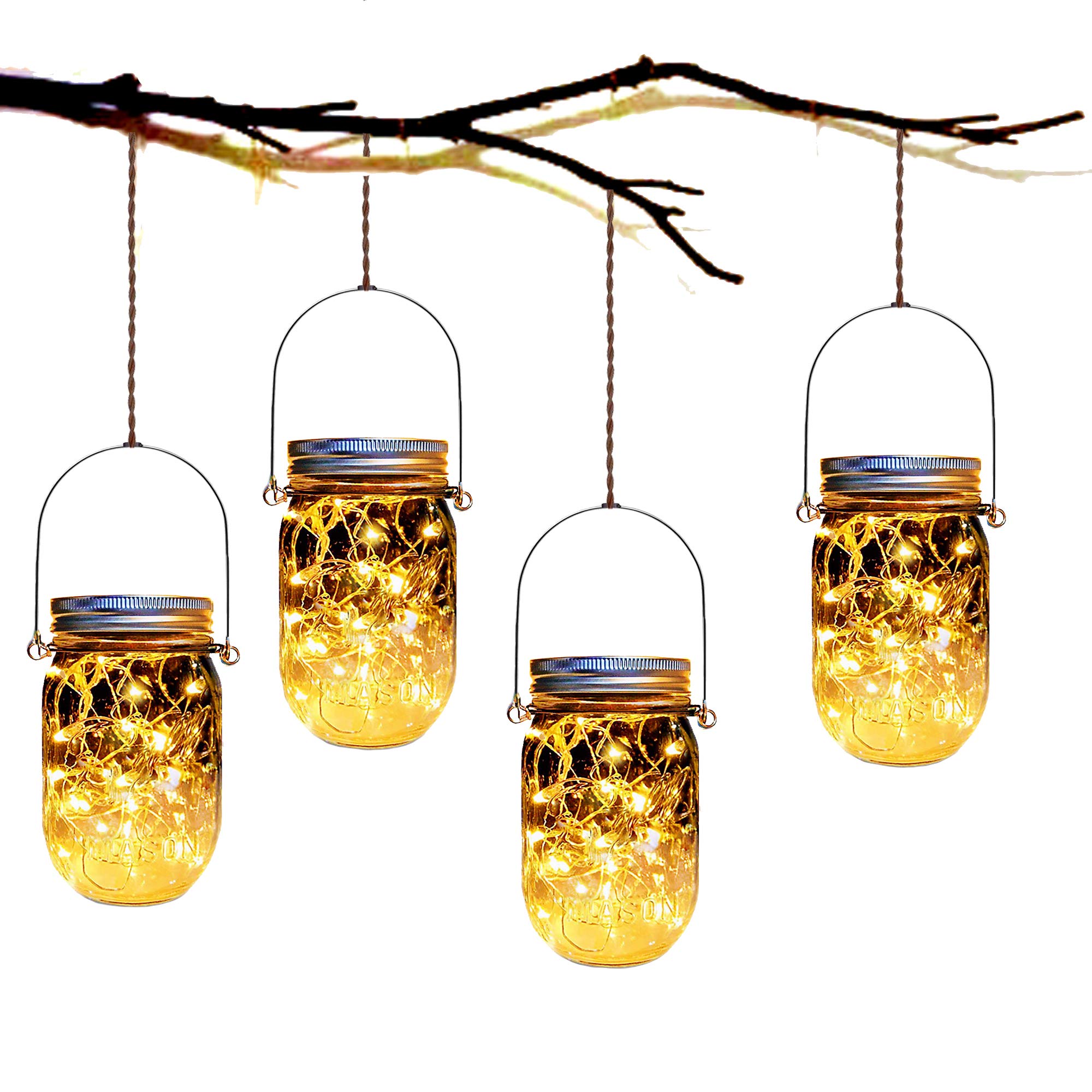 4 Pack Solar Fairy Jar Lights - 30 LED Mason Jar Firefly Lights for Outdoor Patio, Garden, Table Decorations - Waterproof Solar Lantern with Mason Jars & Hangers - Perfect for Mother's Day Gifts, Wedding Decor, Backyard Parties & Romantic Ambiance
