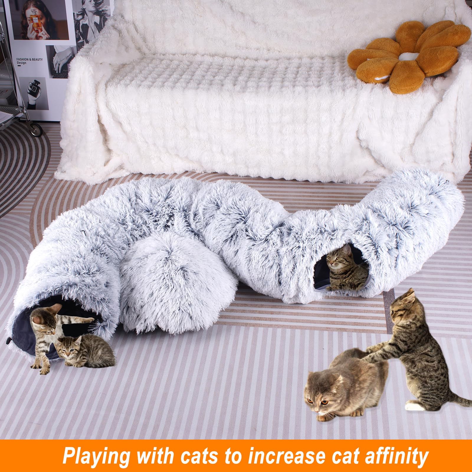 Washable Plush Cat Tunnel Bed for Indoor Cats - Large Donut Tunnel with Peekaboo Cave & Cushion | 3-in-1 Cat Toy, Bed & Play Tunnel for Cats & Rabbits (Gray) - Perfect for Playtime, Napping & Hide-and-Seek