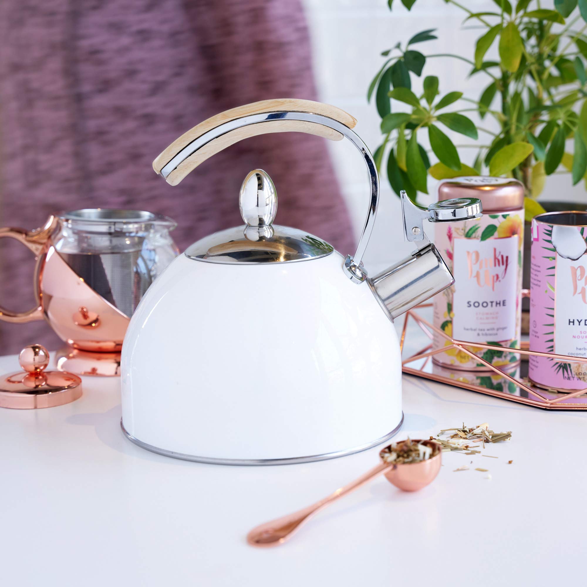 Pinky Up Presley 70 oz Stainless Steel Whistling Tea Kettle - Fast Boiling Stovetop Kettle with Wooden Handle & Rose Gold Finish - Perfect for Tea Lovers, Kitchen Decor & Gift Giving