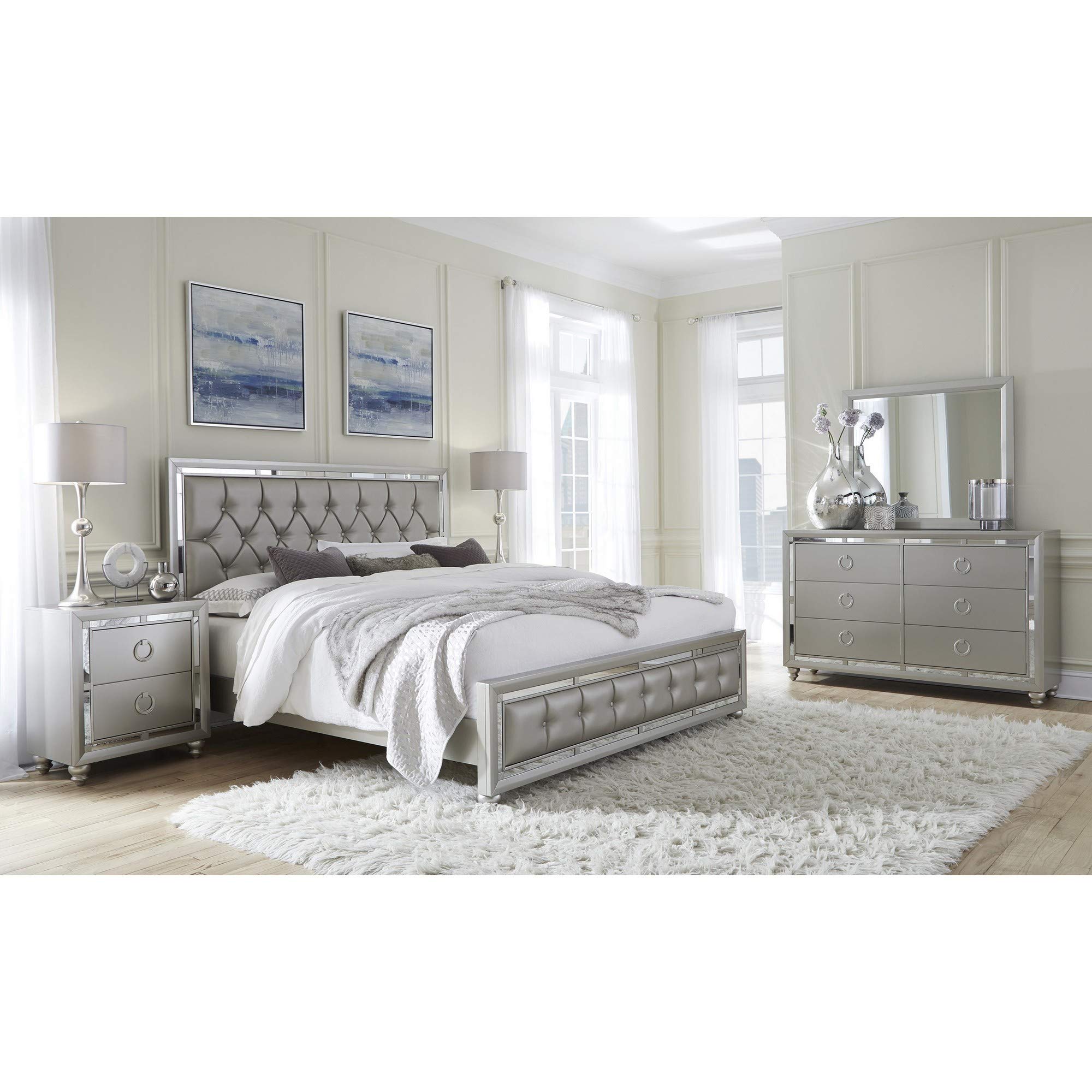 Silver Champagne Tone Nightstand with 2 Drawers & Mirror Trim - Modern Bedroom Side Table for Small Spaces, Guest Rooms & Apartment Decor