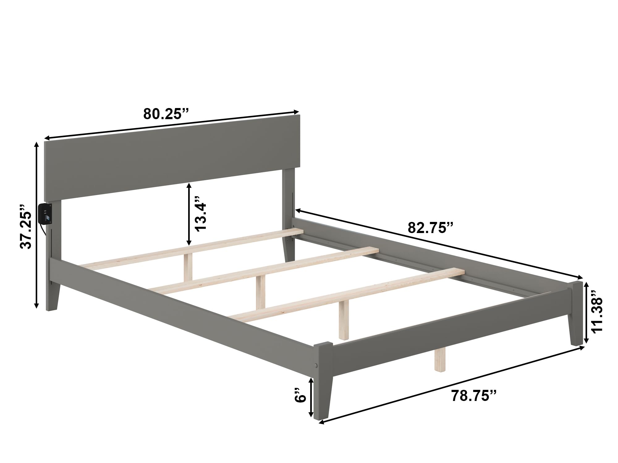 AFI Orlando King Platform Bed Frame with USB Charging Ports - Modern Grey Bedroom Furniture for Home & Apartment Use
