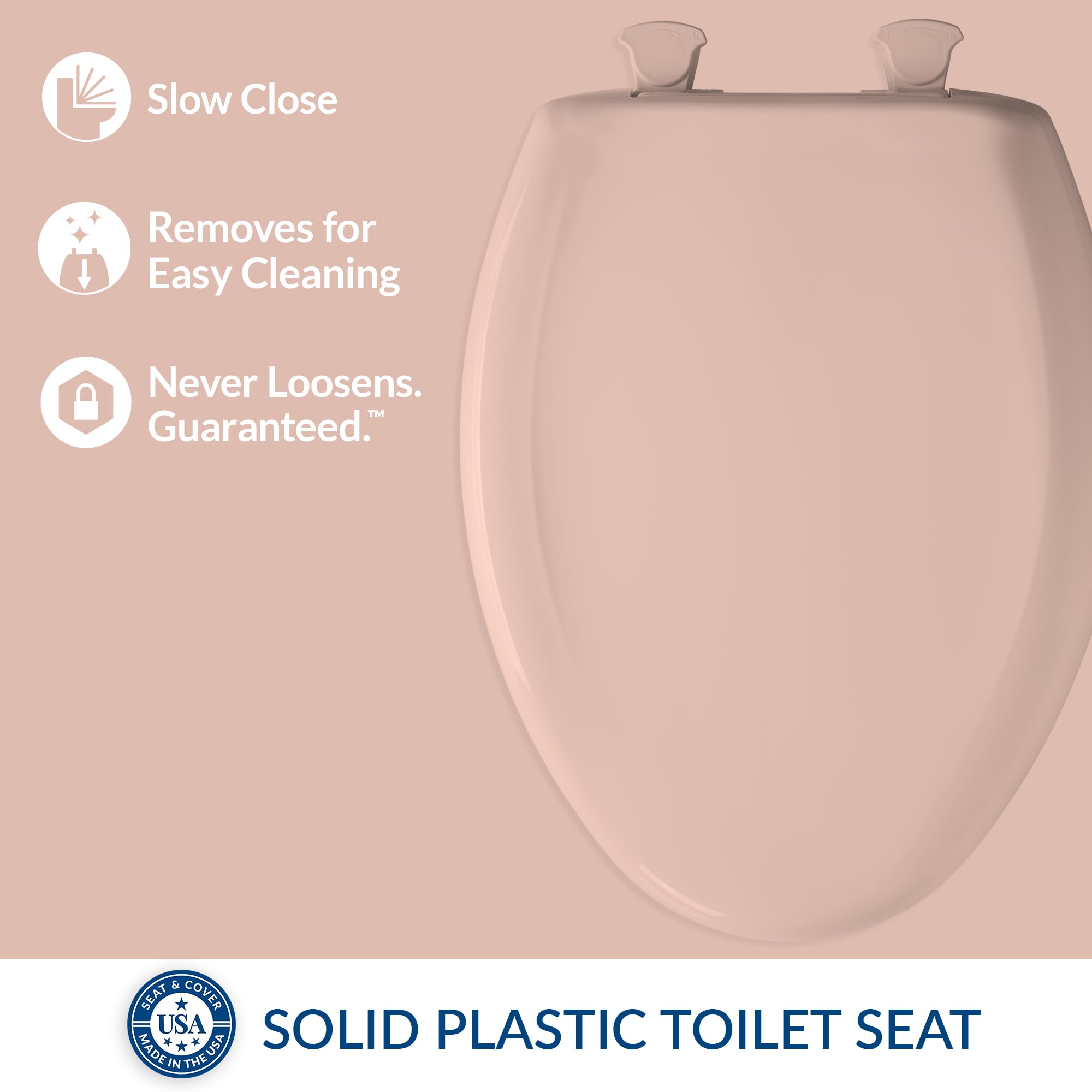 Bemis Classic Colors Slow Close Toilet Seat - Easy Clean Hinges & Durable Plastic - Elongated Toilet Seat in Venetian Pink - Perfect for Bathroom Upgrade & Home Renovation