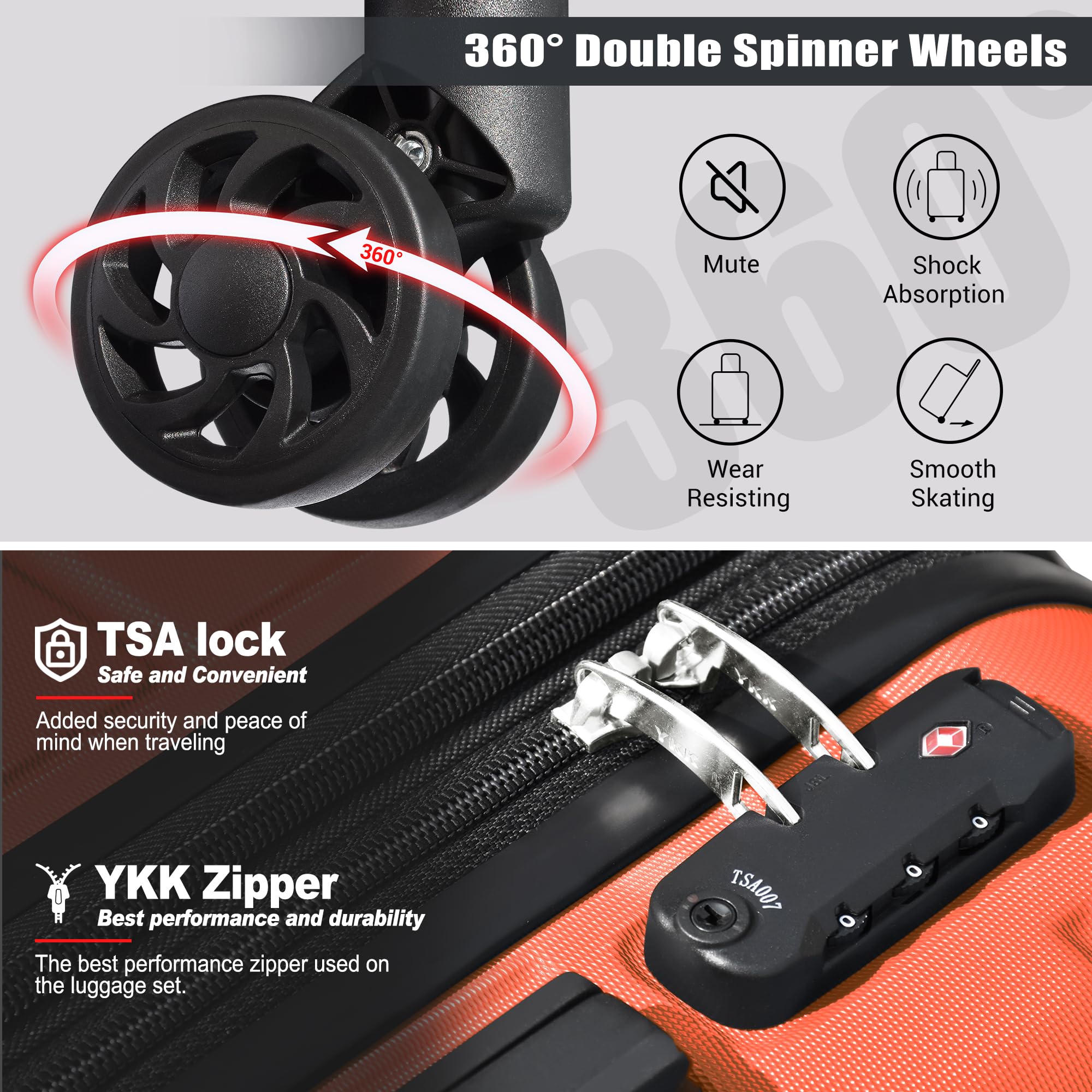 5-Piece Classic Luggage Set with Spinner Wheels - Durable PC+ABS Hardside Suitcases (20/24/28 Inch) & Bonus Travel Backpack + Makeup Bag - TSA Lock, Lightweight Orange Luggage for Business Travel, Vacations & Family Trips
