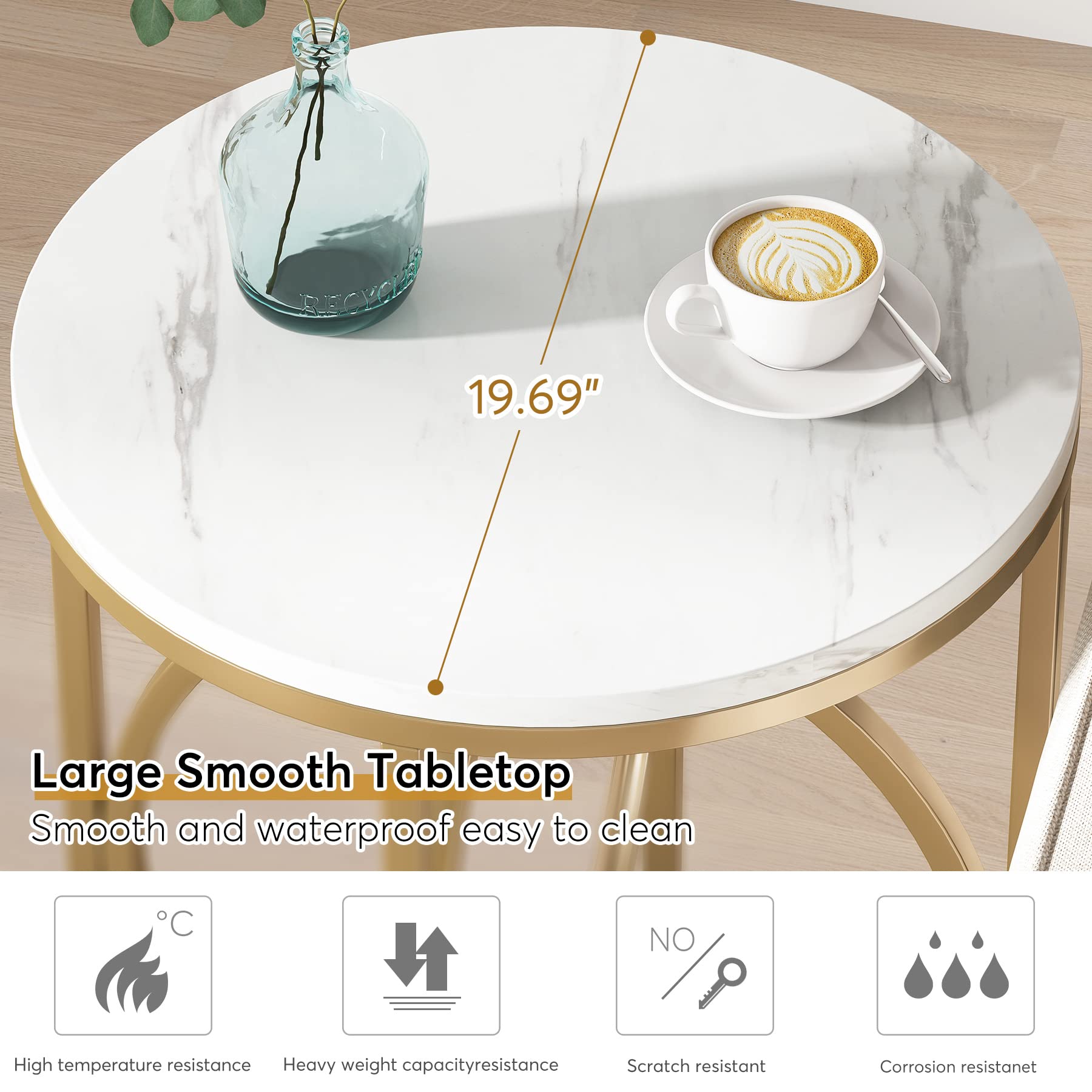 Tribesigns Round Marble End Table with Gold Metal Frame - Modern Side Table for Living Room, Bedroom, Office - Perfect as Sofa Table, Nightstand or Accent Table (White & Gold)