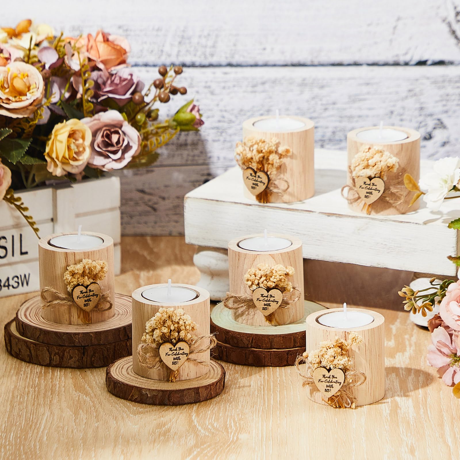 12 Pcs Rustic Wooden Candle Holders - Wedding Party Favors, Bridal Shower Gifts, Romantic Souvenirs for Guests - Perfect for Wedding Decor, Table Centerpieces & Romantic Ambiance (Light Brown)