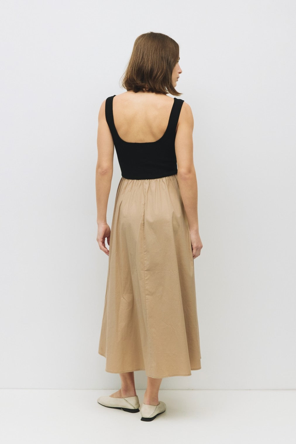 Beige and Black Contrast Knit Poplin Sleeveless Midi Dress for Women - Summer Casual, Beach Vacation, and Party Wear