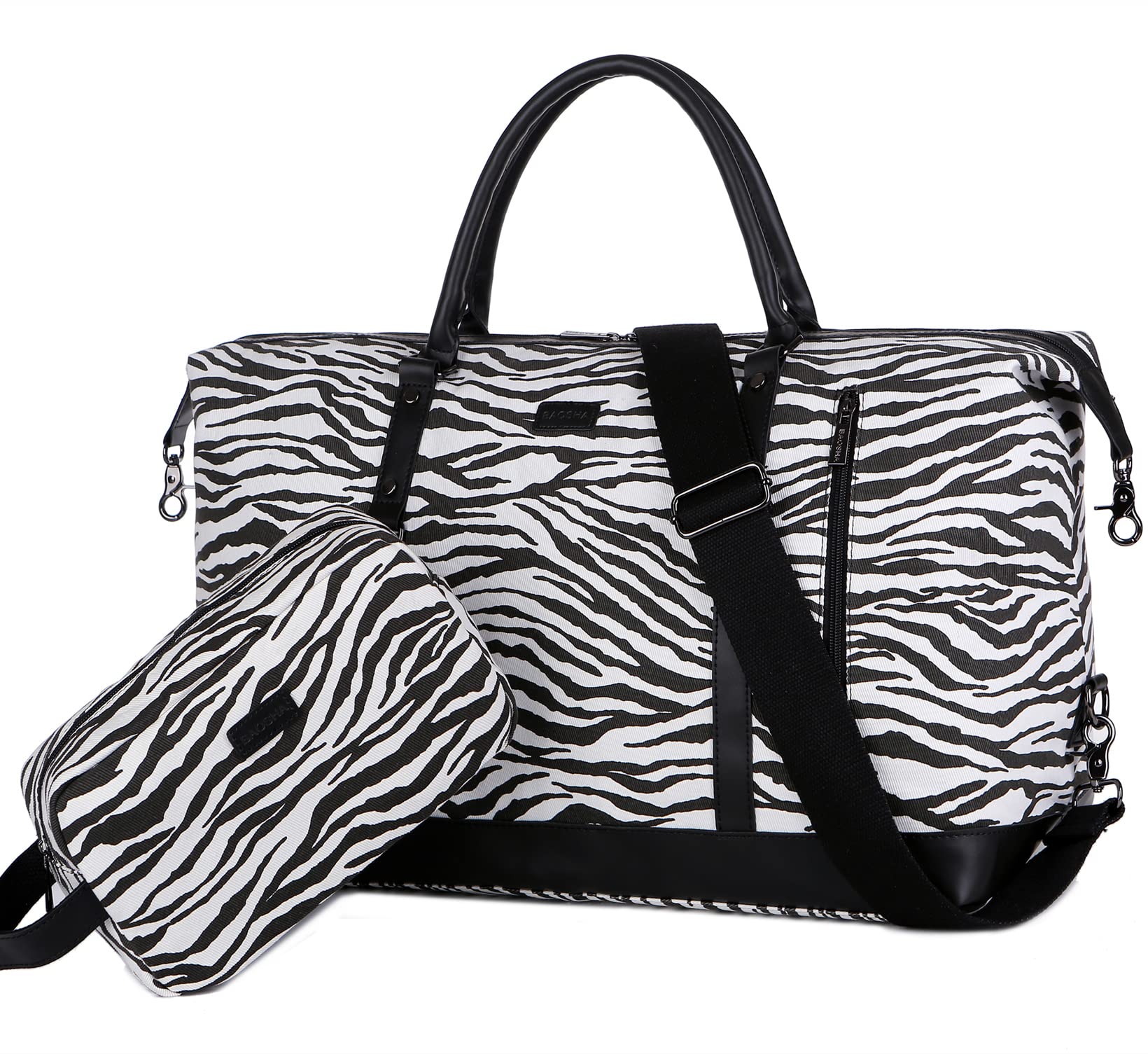 Stylish Zebra Print Striped Travel Duffel Bag - Large Weekender Carry On Overnight Hospital Bag for Men & Women with Free Toiletry Pouch (Black) - Perfect for Gym, Travel, Weekend Getaways & Business Trips