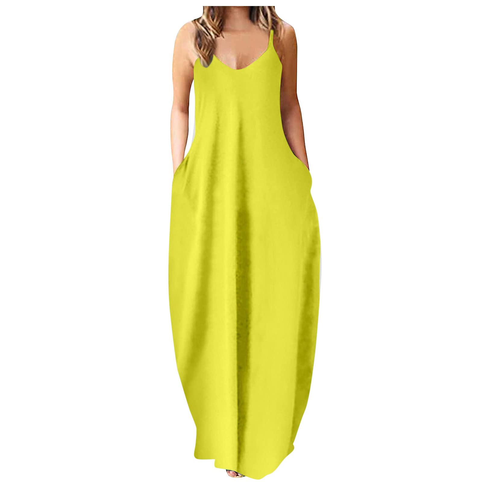 Plus Size Women's Summer Dresses - Sleeveless V-Neck Cami Maxi Dress with Pockets | Casual & Comfortable Beachwear, Vacation Outfits, Outdoor Date Night Dresses