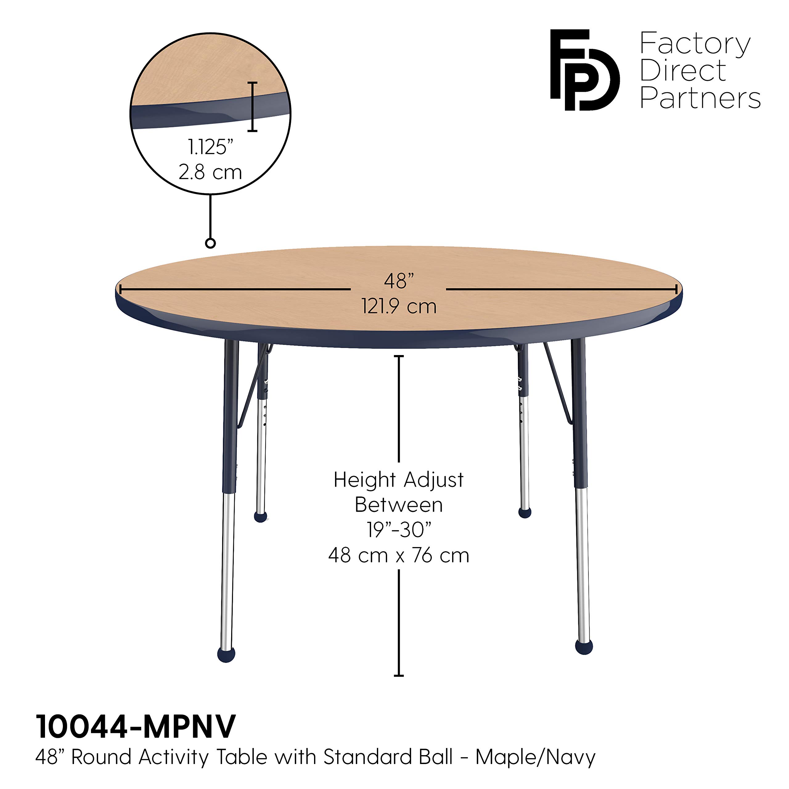 Adjustable Height Round Activity Table - 48 Inch Maple Top with Navy Edge, Standard Legs & Ball Glides for School, Office, or Home Use - Perfect for Classrooms, Meetings, and Multi-Purpose Workspaces