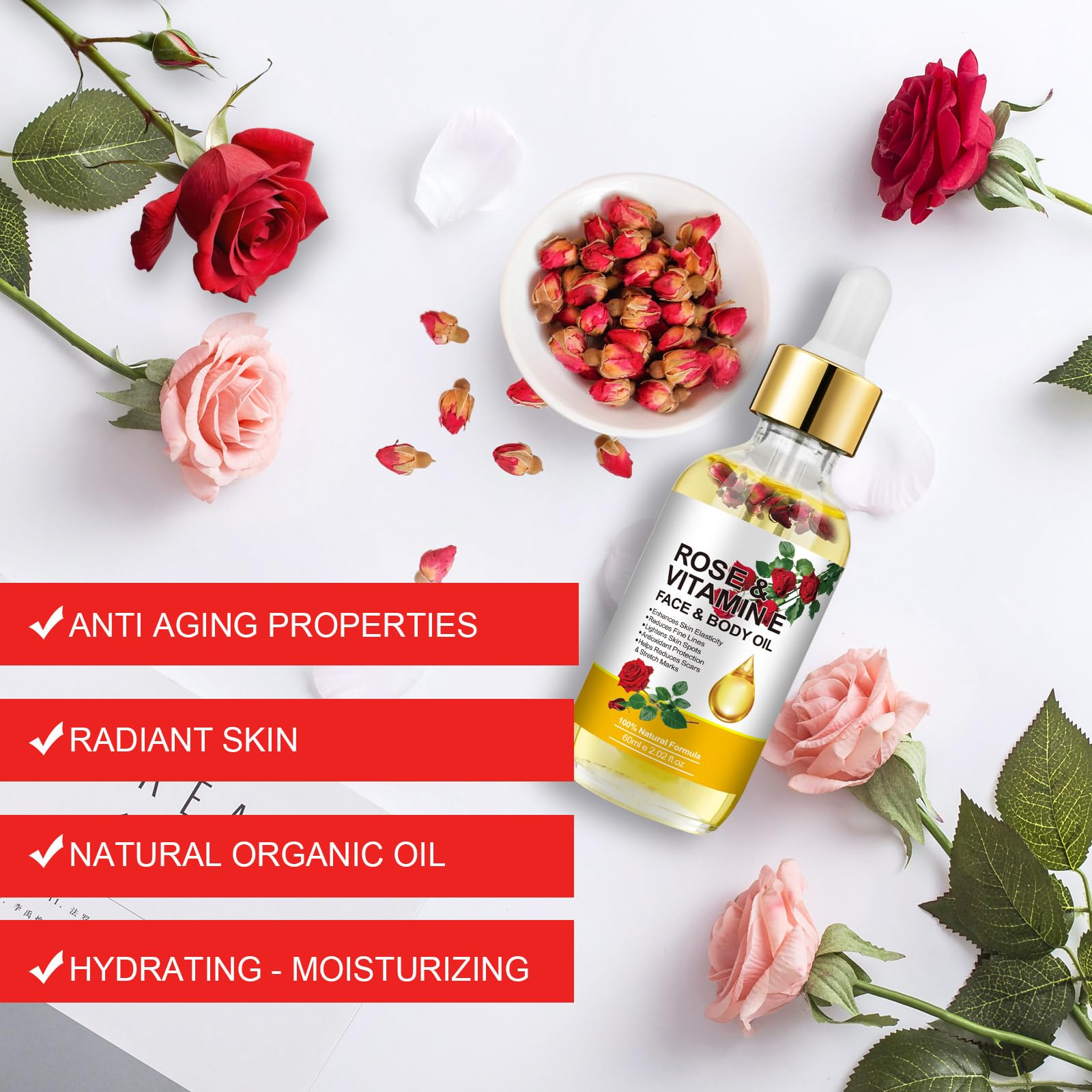 Organic Vitamin E Oil with Rose Oil for Face & Skin Care - 2 Fl Oz | Hydrating Moisturizer for Dry Skin, Anti-Aging & Night Routine