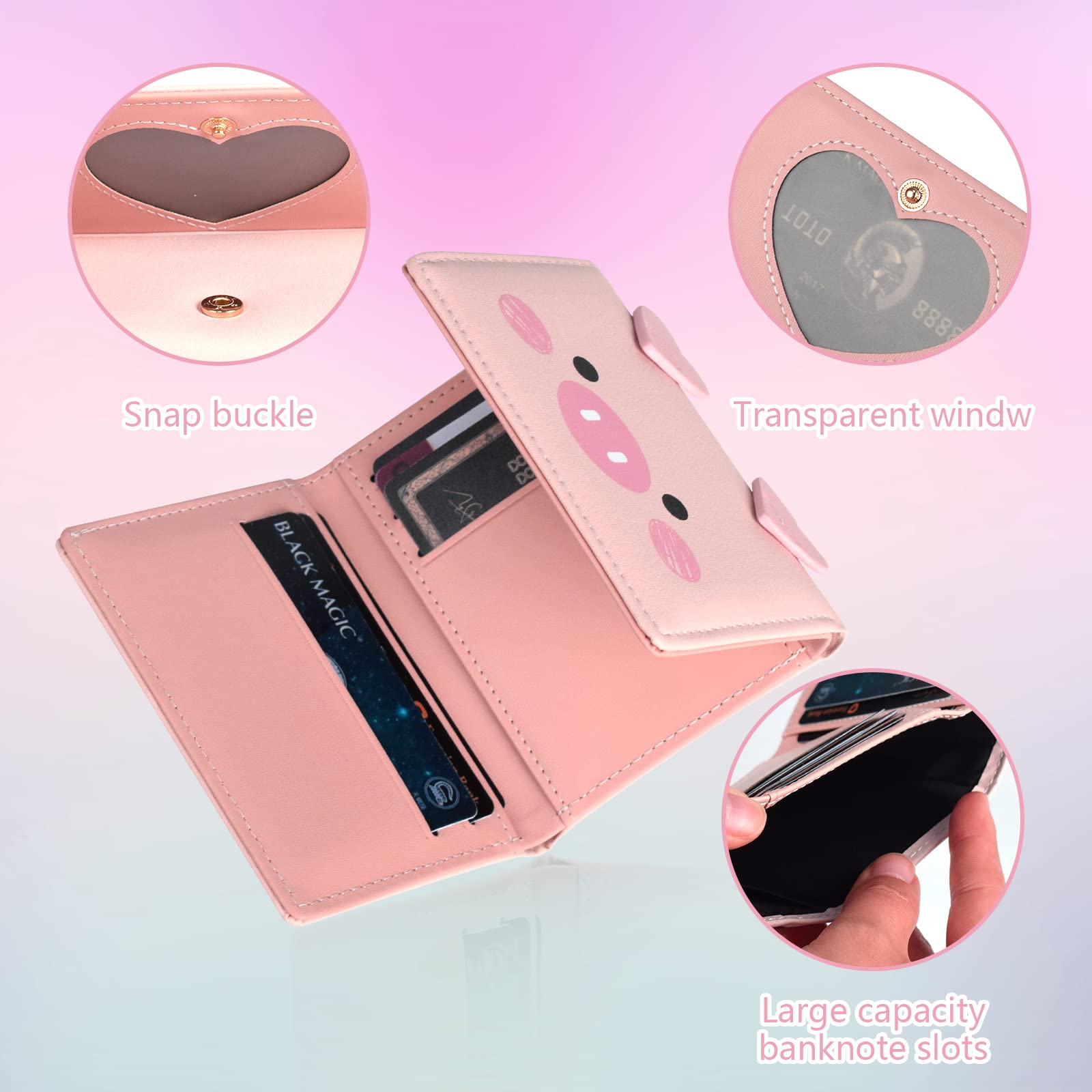 Cute Pink Pig Tri-Fold Wallet for Women - Fire Stone Leather Short Purse with Cash Pocket, Card Holder & ID Window - Perfect for Everyday Use, Travel & Gift Giving