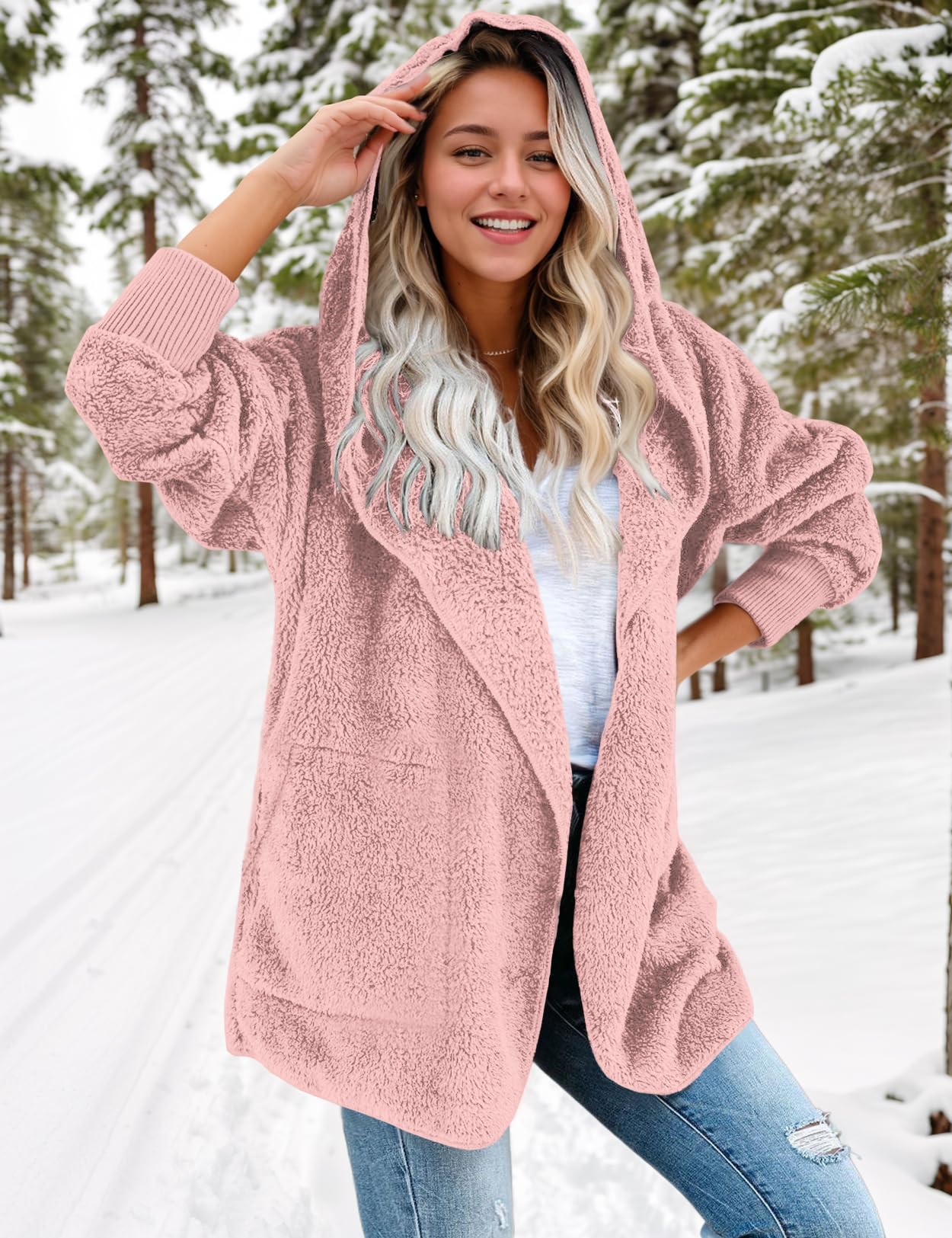 Zilcremo Women's Hooded Cardigan Fuzzy Jacket - Winter Open Front Fleece Coat with Pockets | Cozy Loungewear for Home, Office & Outdoor Activities