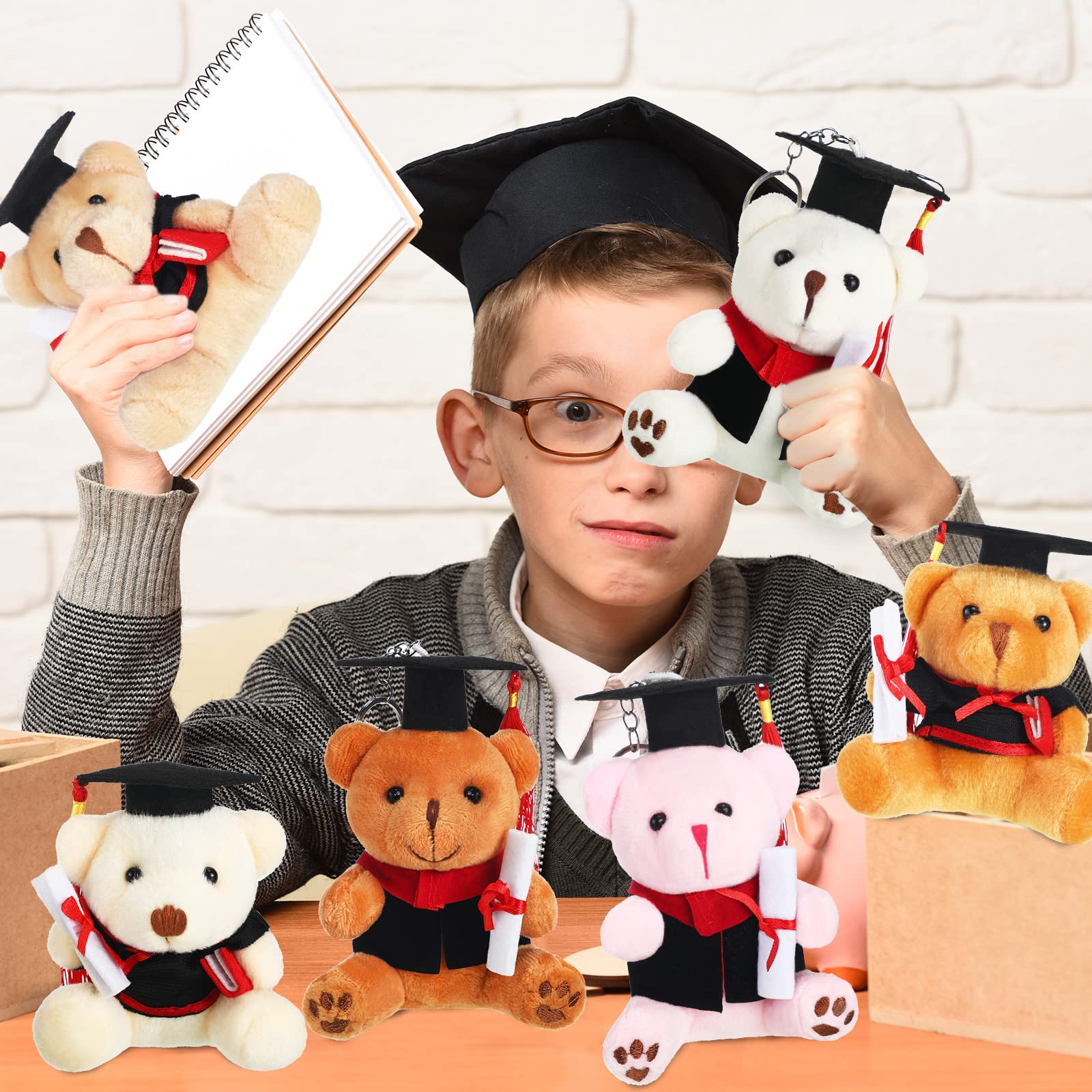 Skylety 6-Piece Plush Graduation Bears Set - Soft Stuffed Animals with Black Caps & Keychains for Preschool, Kindergarten, Elementary, High School & College Graduation Gifts - Perfect for Graduation Parties, Decorations & Keepsakes