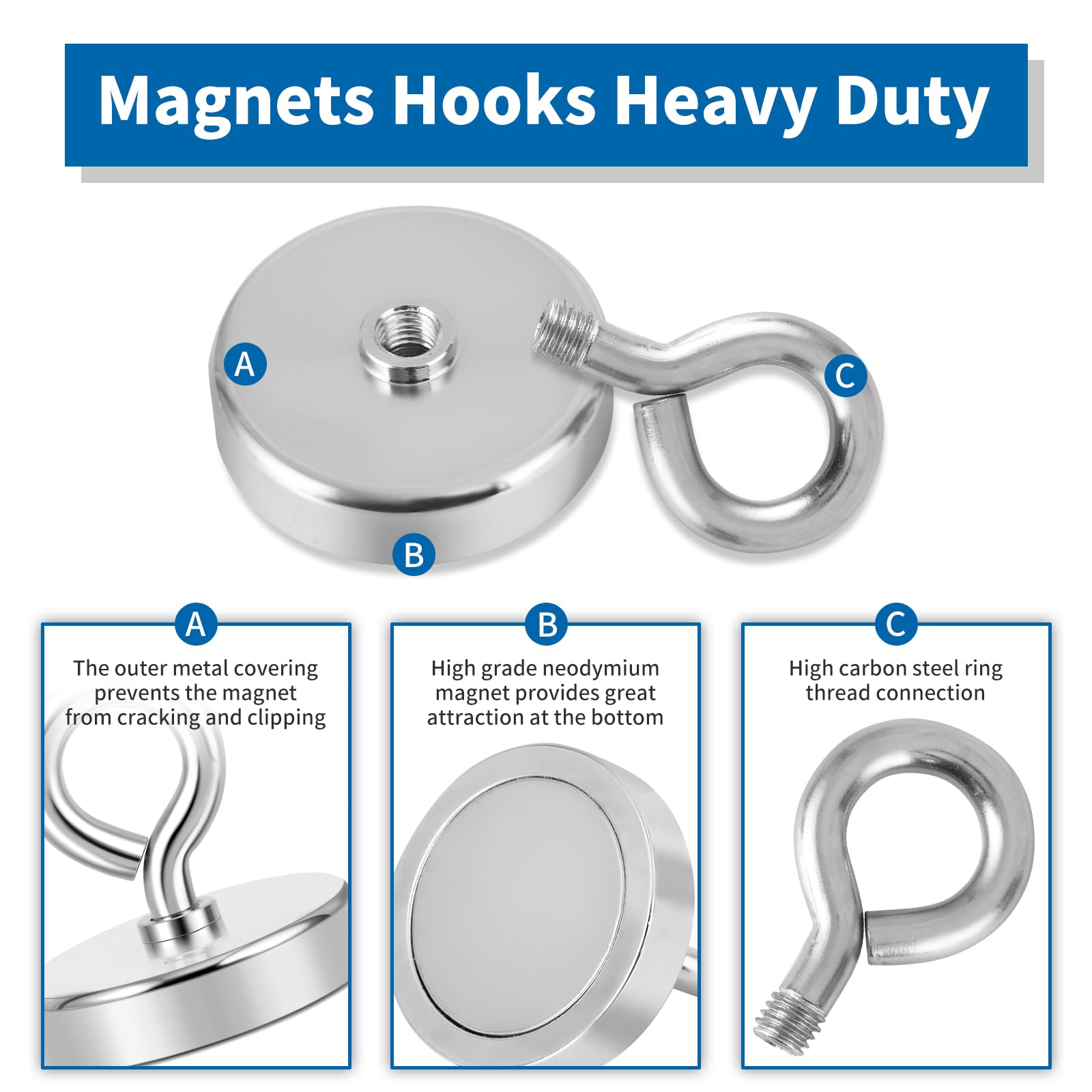 Neosmuk 300lb Heavy Duty Fishing Magnet Kit - 2.0 Inch Large Diameter Neodymium Rare Earth Magnet with Rope for Retrieving Tools & Metal Objects | Perfect for Magnet Fishing, Underwater Recovery, and DIY Projects