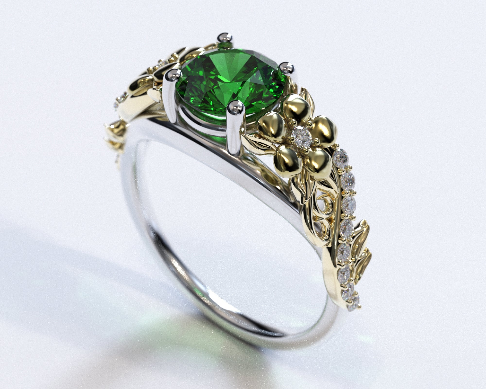 Two Tone Flower Emerald Engagement Ring for Women - Elegant Vintage Wedding Band, Unique Promise Ring - Perfect for Proposals, Anniversaries & Special Occasions