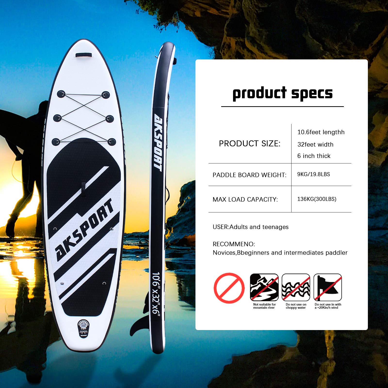 AKSPORT Inflatable Stand Up Paddle Board - Premium SUP Board with Paddle, Pump & Accessories for Adults & Youth - Perfect for Lakes, Rivers & Ocean Paddling