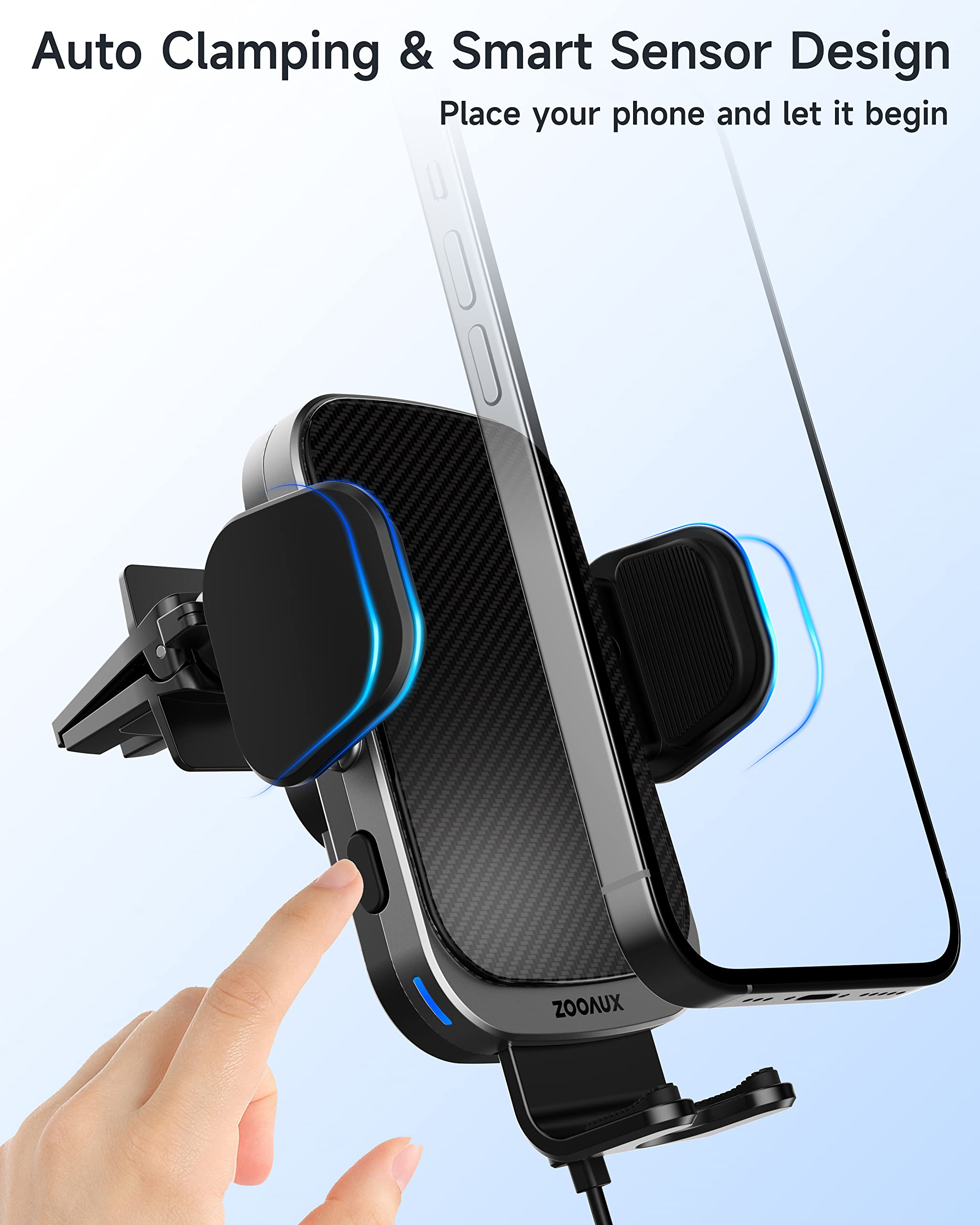 ZOOAUX 15W Fast Wireless Car Charger Vent Mount - Auto-Clamping Phone Holder for iPhone 15/15 Pro/14/13/XR/XS/X/8 & Samsung S24/S23/S22/S21/S10 - Secure Hands-Free Charging While Driving (Grey)