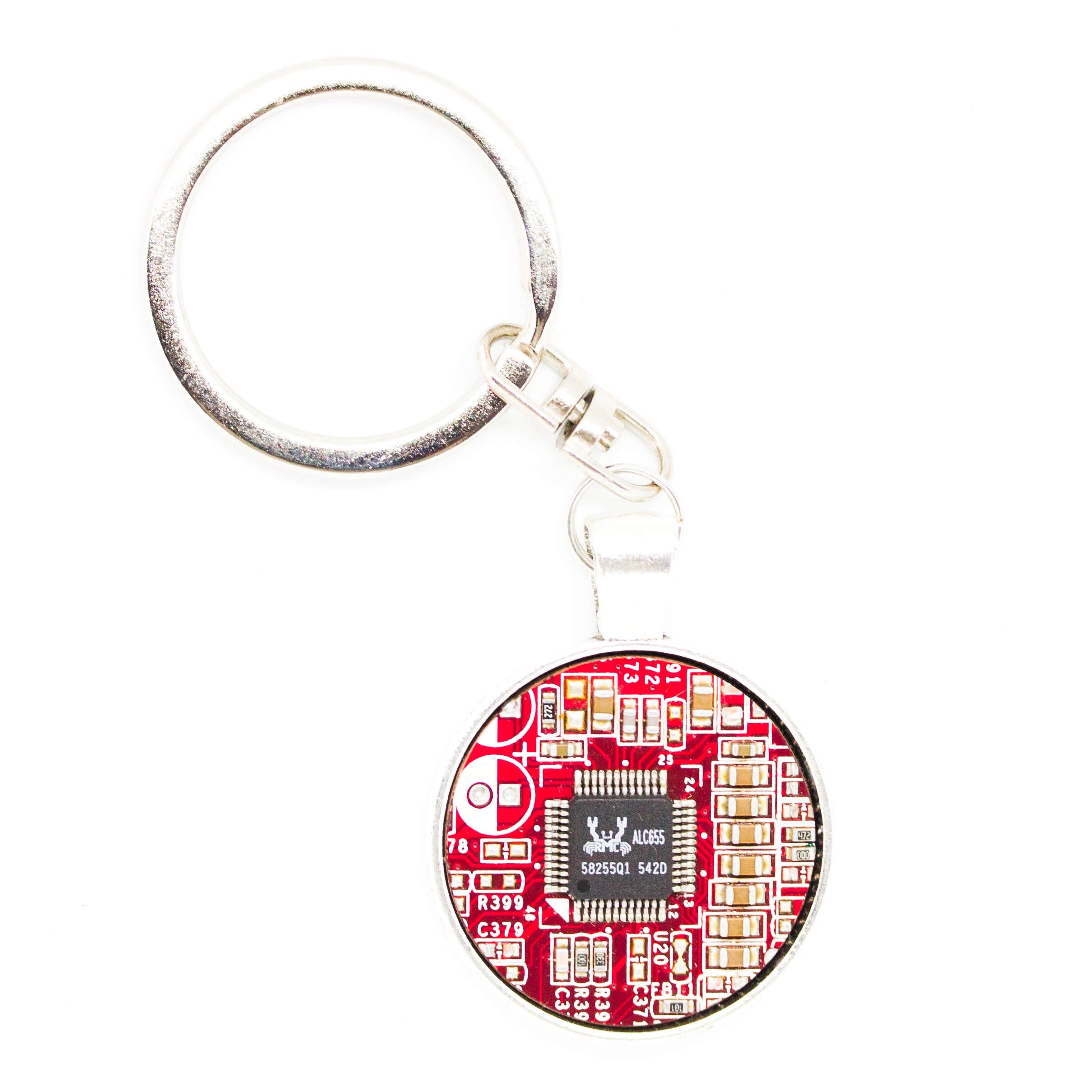 Recycled Circuit Board Keychain - Eco-Friendly Round Red Key Ring - Perfect for Tech Enthusiasts, Gifts, and Sustainable Lifestyle Accessories
