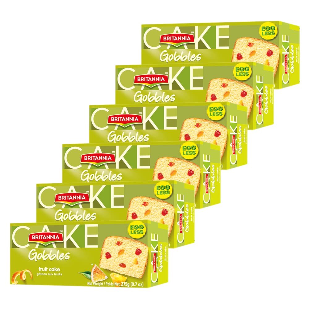 Britannia Gobbles Eggless Fruit Cake 9.7oz (275g) - Soft, Moist & Delicious Sponge Cake - Perfect for Breakfast, Tea Time & Office Snacks - Pack of 6 Cakes - Great for Gifts & Party Treats