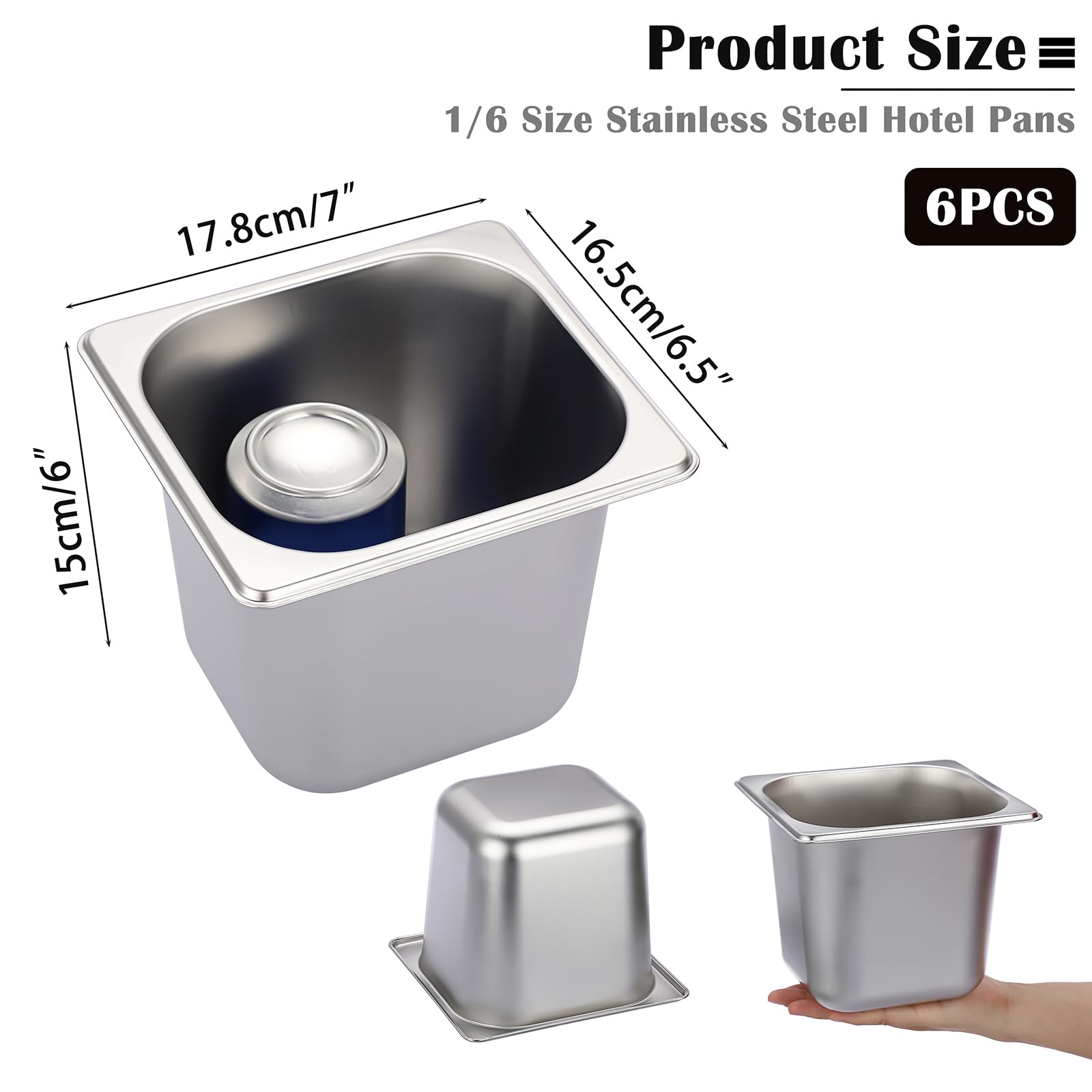 6 Pack 1/6 Size 6 Inch Deep Stainless Steel Hotel Pans - Commercial Grade Stackable Catering Pans for Steam Tables, Buffets, Restaurants & Party Food Service - Perfect for Kitchen Prep, Food Storage & Serving