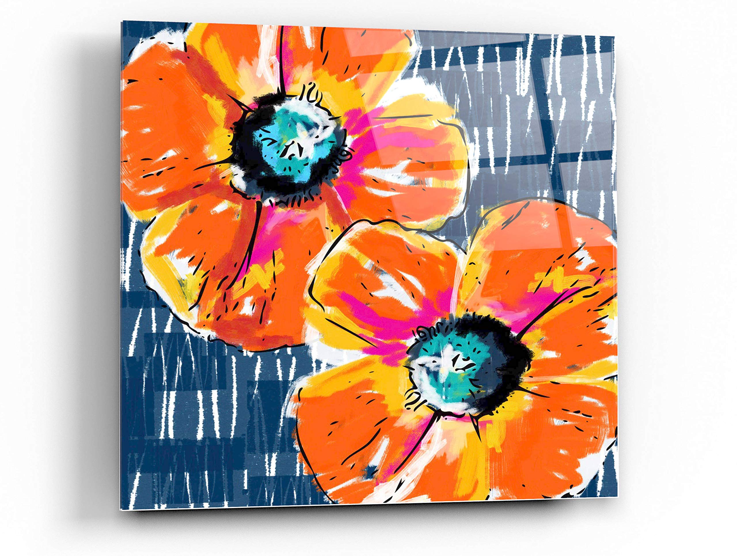Orange Poppies on Blue Acrylic Glass Wall Art by Linda Woods - 36x36 Inch Modern Floral Painting for Living Room, Bedroom & Office Decor