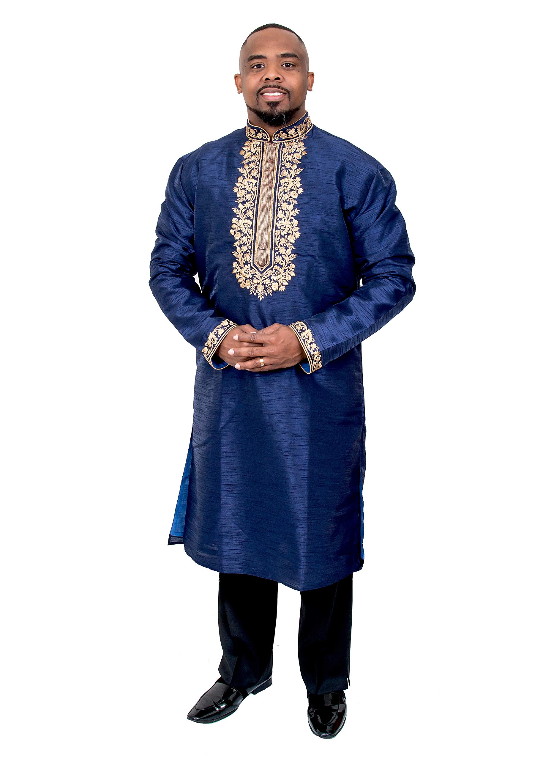 Exotic Embroidered Clergy Kurta for Men - Stylish Neck Design Style 7455 in Blue & Gold (Size 44) | Perfect for Religious Ceremonies, Festivals & Cultural Events