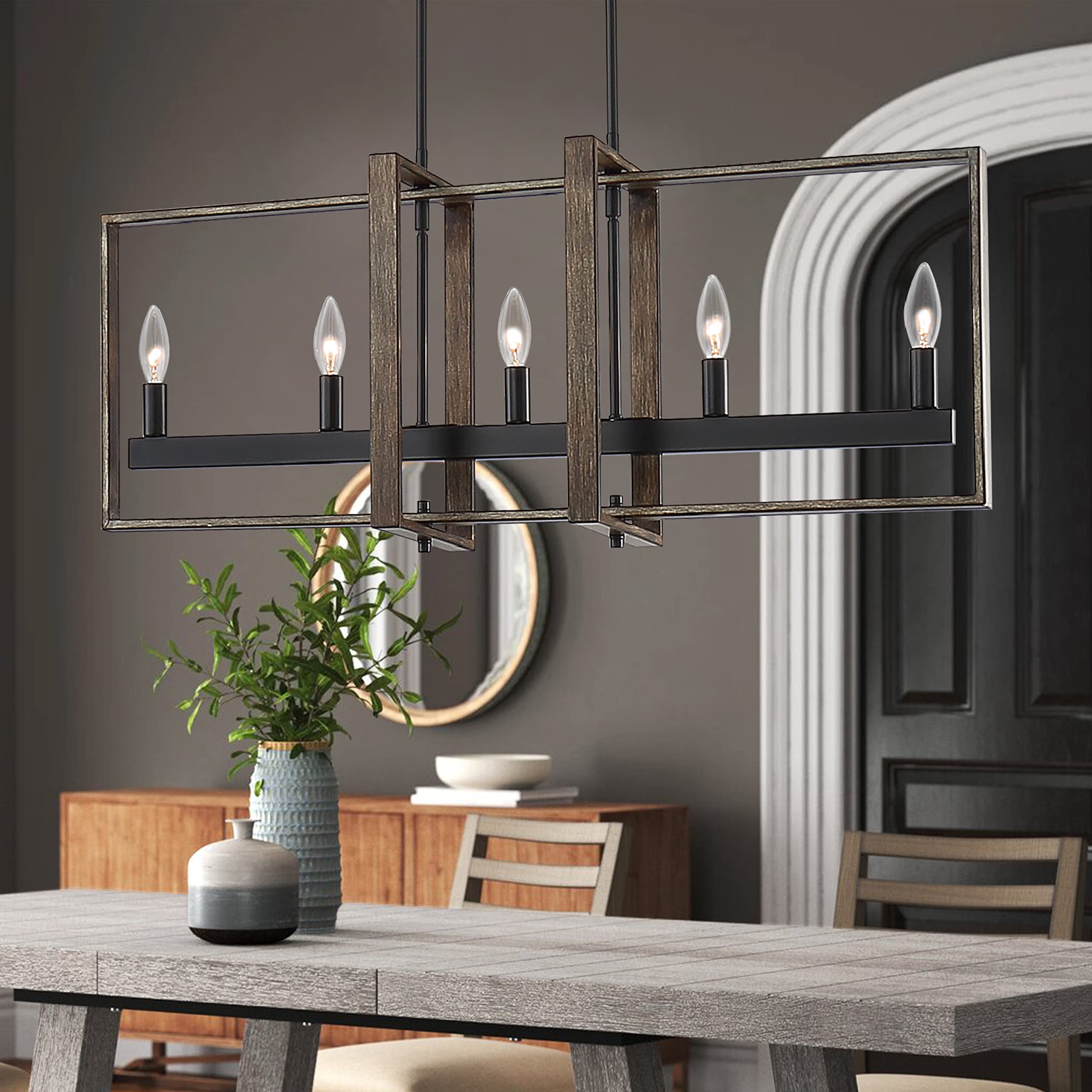 Vanity Art Modern Farmhouse 5-Light Linear LED Pendant Chandelier - Black Kitchen Island Lighting Fixture for Dining Room, Bar & Breakfast Nook (Model 10526DW-BK)