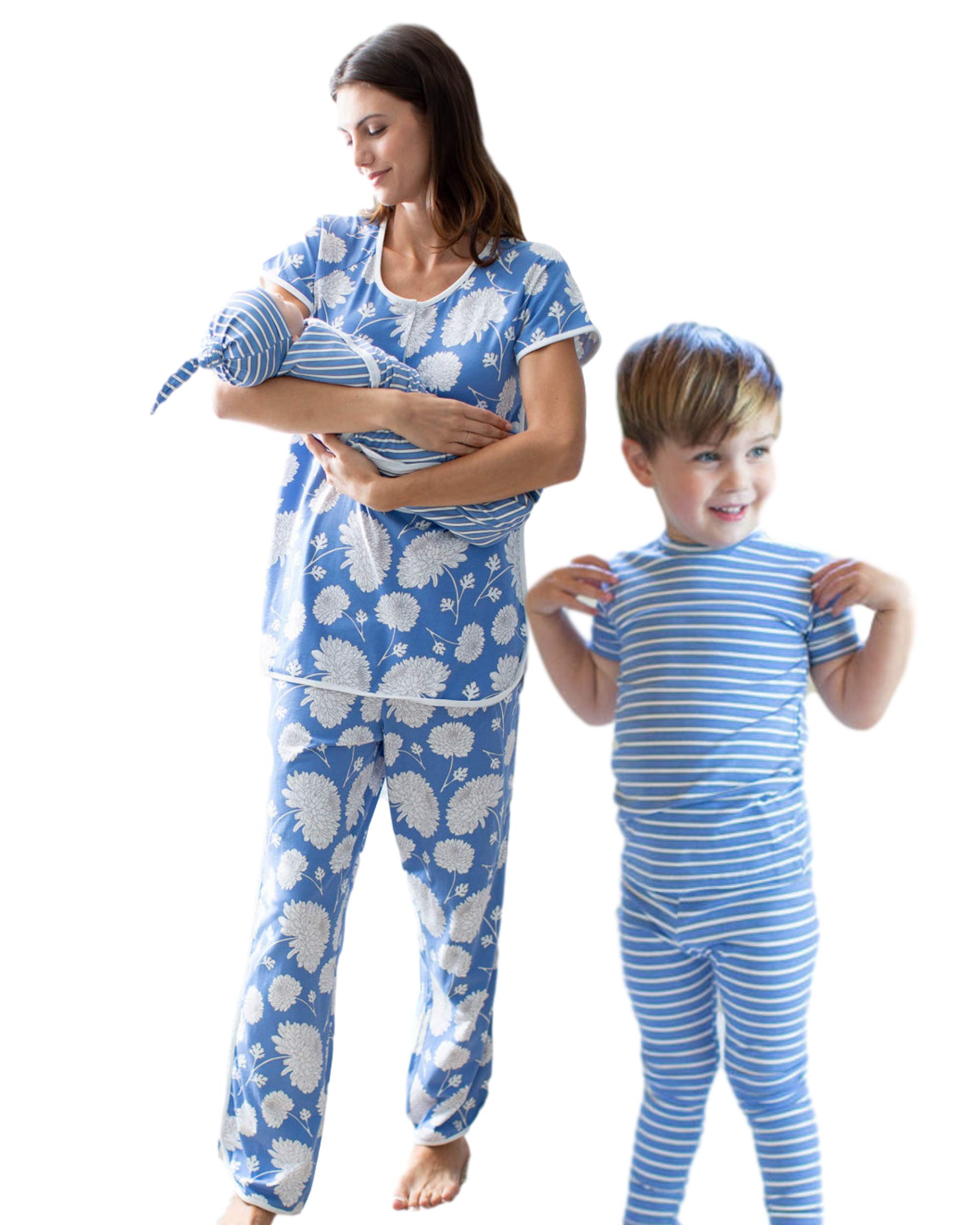 Matching Family Pajama Set - Mom, Big Sister & Brother Pajamas with Swaddle Blanket | Mommy & Me Outfits (Large/5 Years, Zoe Floral/Stripe Boy PJ/Stripe Swaddle) | Perfect for Family Photos, Christmas Matching Outfits & Cozy Nights