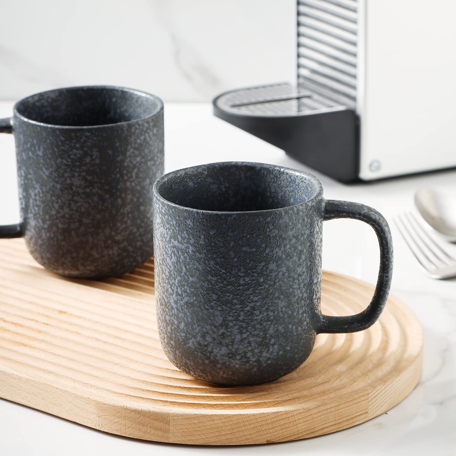 Premium Stone Lain Stoneware Dish Set - 4 Durable Coffee Mugs in Elegant Gray & Blue - Perfect for Home, Office & Restaurant Use