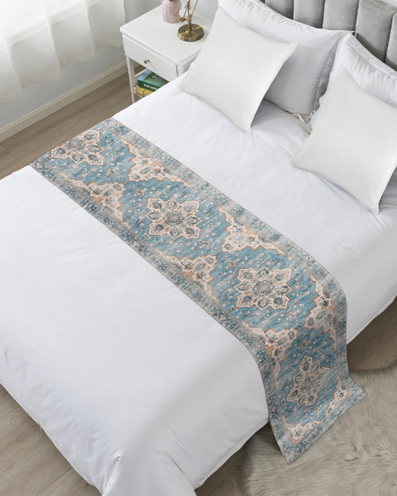 Blue Boho Bed Runner for Queen Size Bed - 83 x 20 Inch Luxury Bed Scarf Throw with Mid-Century Abstract Geometric Design - Perfect for Home Decor, Hotel Bedding & Western Style Bedroom Accent