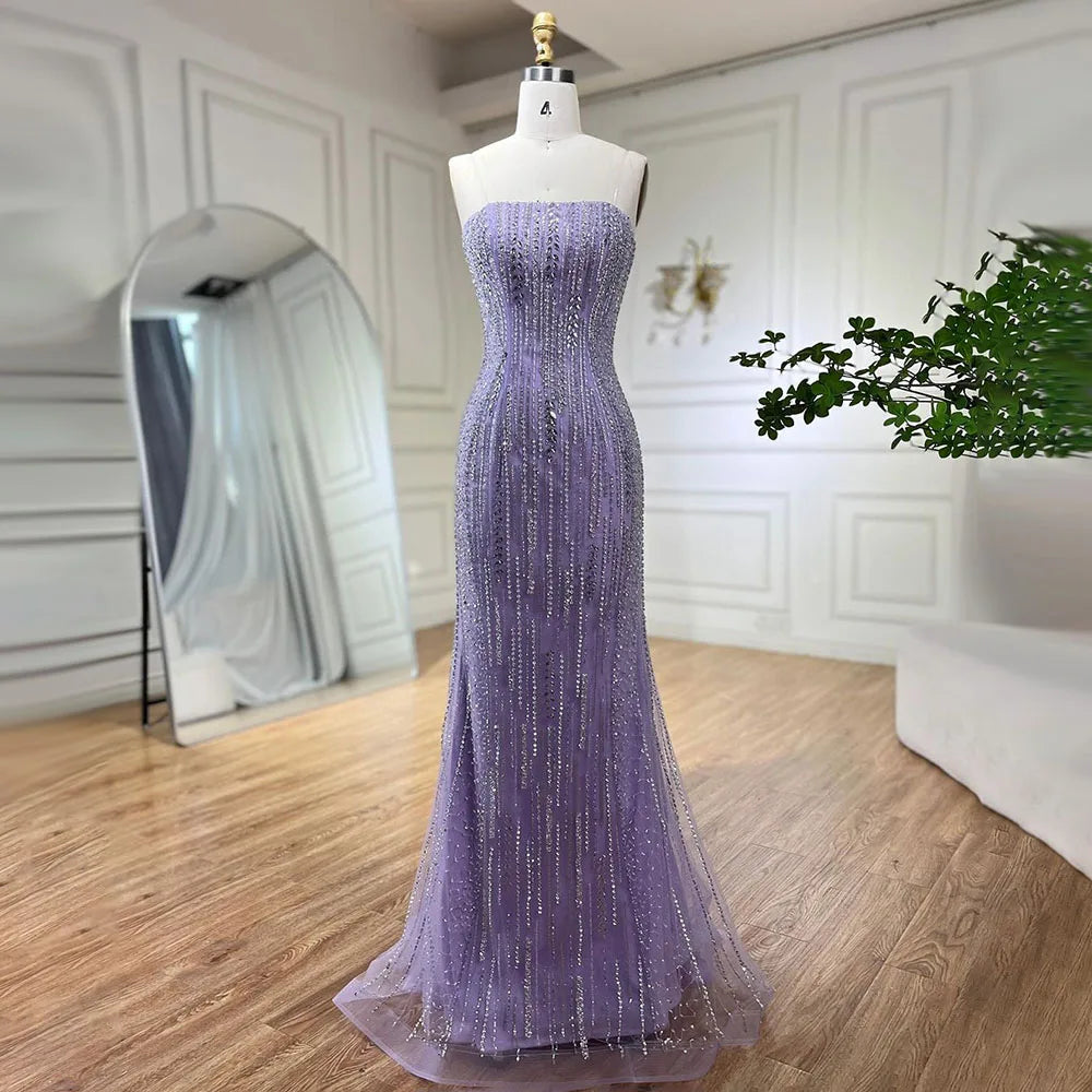 Elegant Lilac Mermaid Evening Dress with Feather Beaded Overskirt & Gloves - Women's Formal Gown for Prom, Wedding, and Special Occasions - LA72029