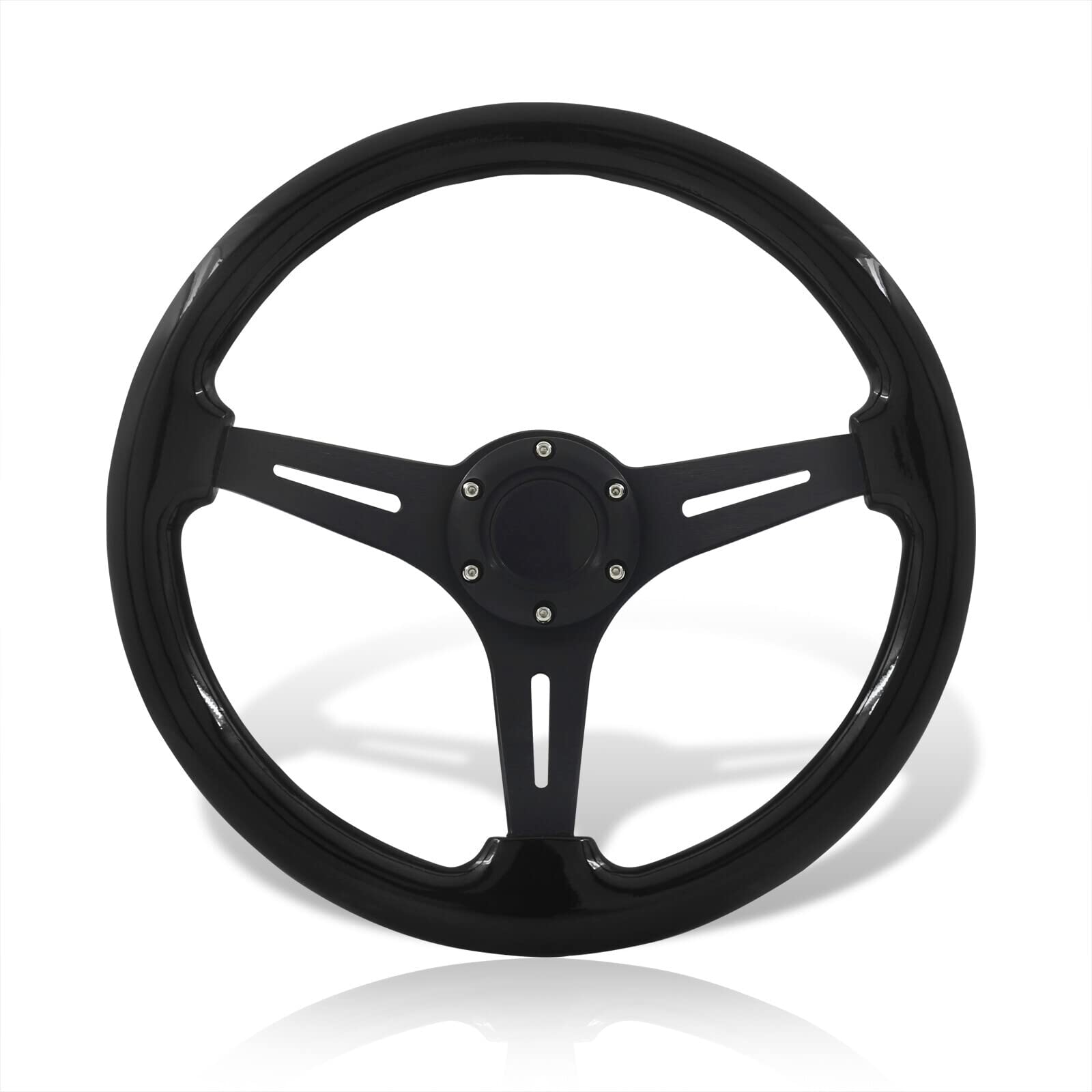 Universal 350mm 6-Bolt Aluminum Wood Grain Steering Wheel - Deep Dish Design for JDM, Euro, VIP, Track, Drift & Drag Cars (Light Wood Trim with Black Center) | Perfect for Racing, Custom Builds & Car Enthusiasts