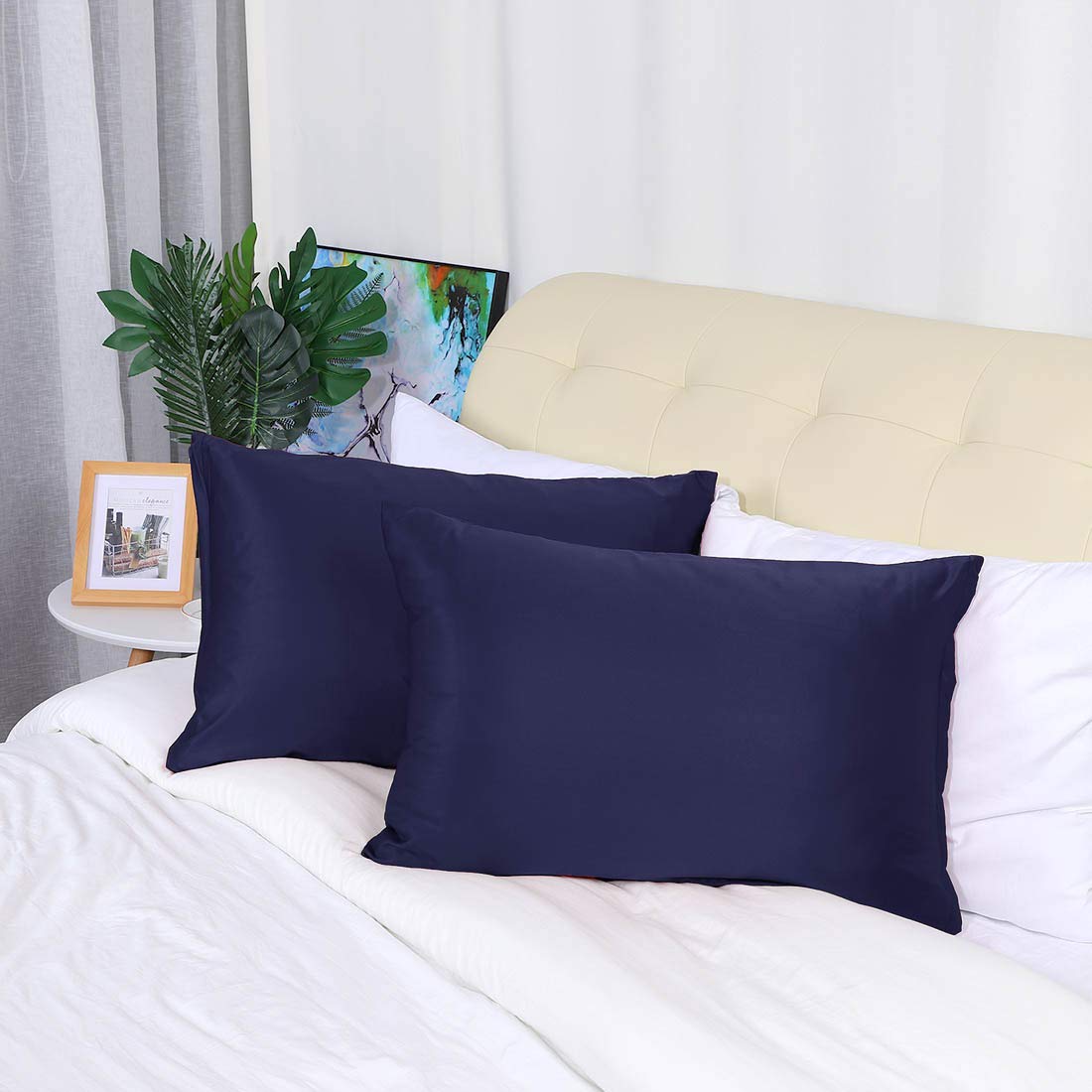 PiccoCasa Set of 4 Luxury Satin Pillowcases with Zipper - Super Soft & Silky Navy Blue Standard Size (21x27 inches) for Bedroom, Hotel, or Travel - Hypoallergenic & Wrinkle-Resistant Pillow Covers