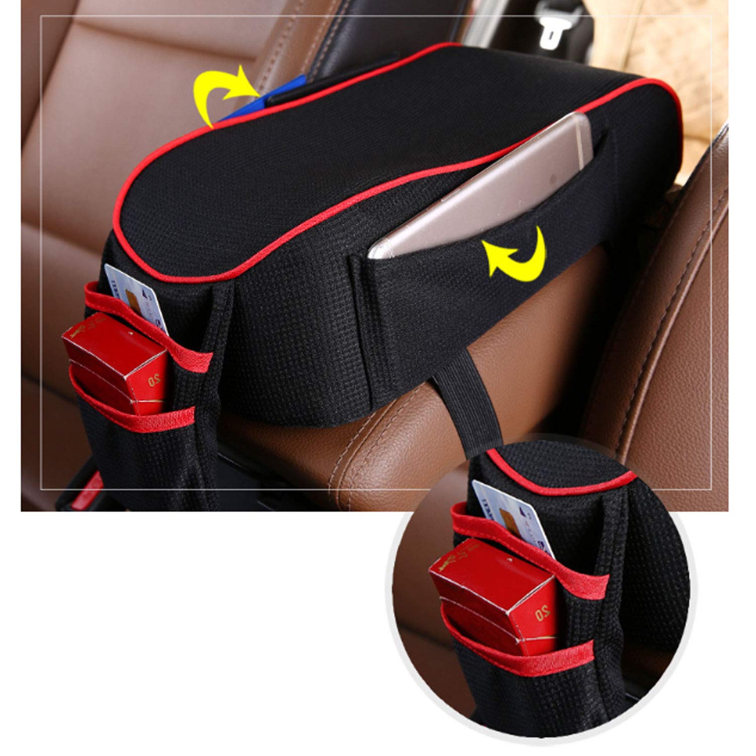Memory Foam Car Armrest Cushion with Phone Holder & Storage Pockets - Universal Fit for Most Vehicles - Black & Red - Comfortable Driving Accessory for Long Trips & Commuting