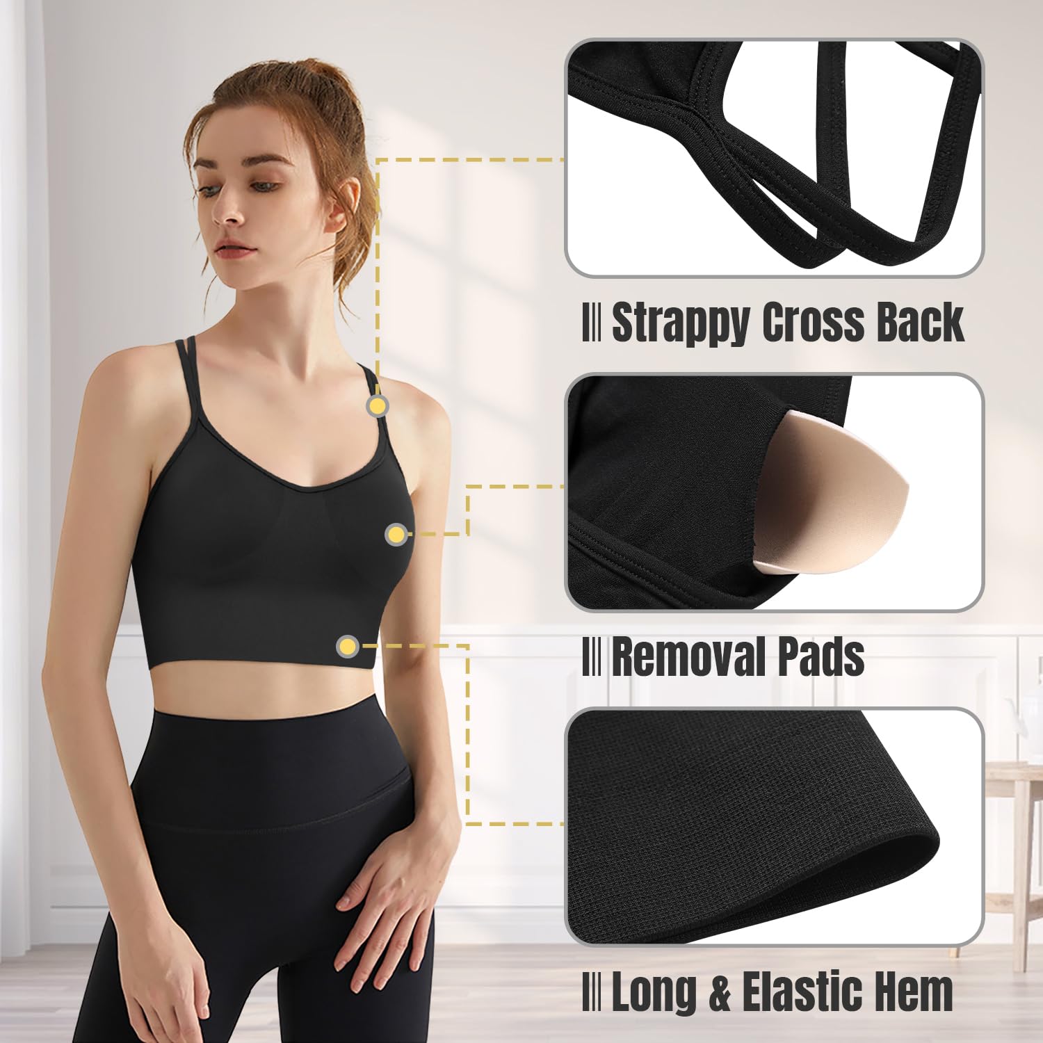 VEQKING Women's Cross Back Sports Bra - Medium Support Seamless Yoga Bra with Removable Pads, 3-Pack for Workout, Fitness & Active Lifestyle