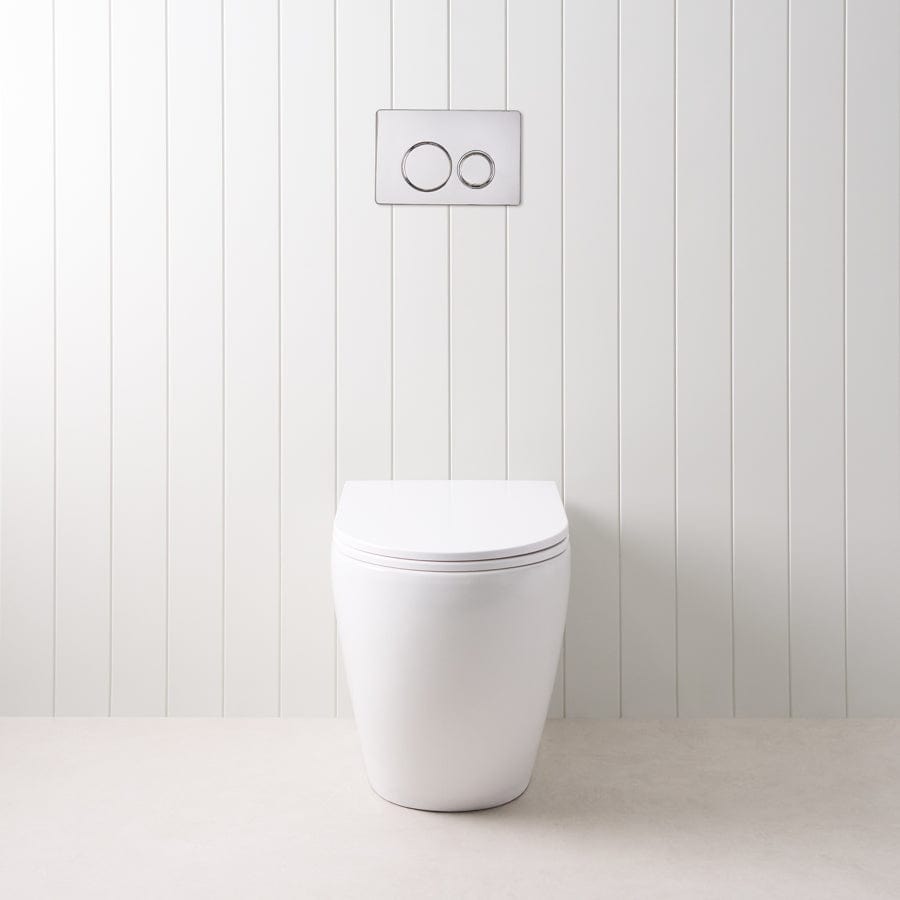 Wall-Mounted Curved Toilet with Round Chrome Flush Buttons - Space-Saving Modern Bathroom Solution for Small Spaces & Contemporary Homes