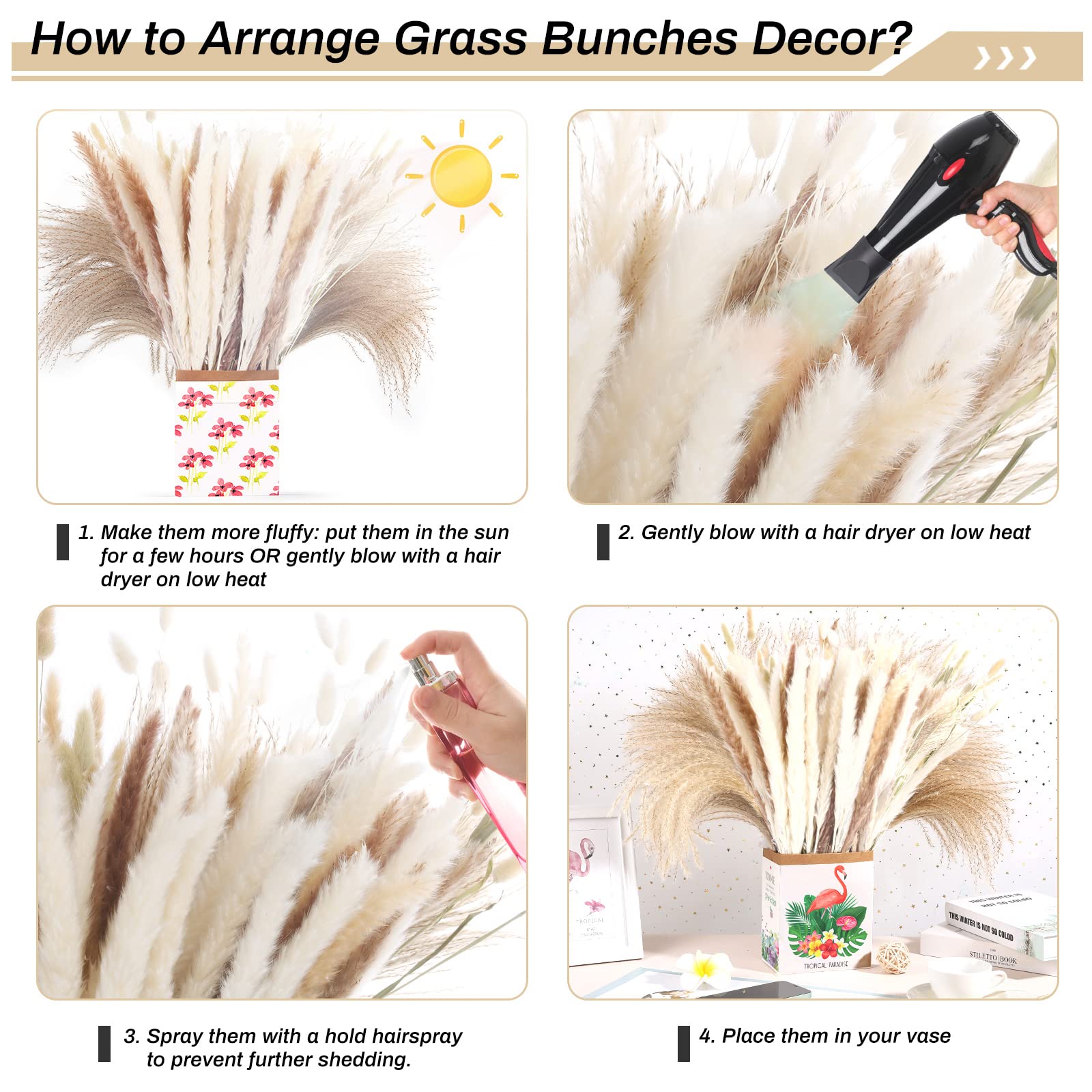 110 PCS Natural & White Dried Pampas Grass Bouquet with Bunny Tails - Boho Home Decor, Wedding Centerpieces, Party Arrangements - Perfect for Farmhouse, Rustic, and Modern Interior Design