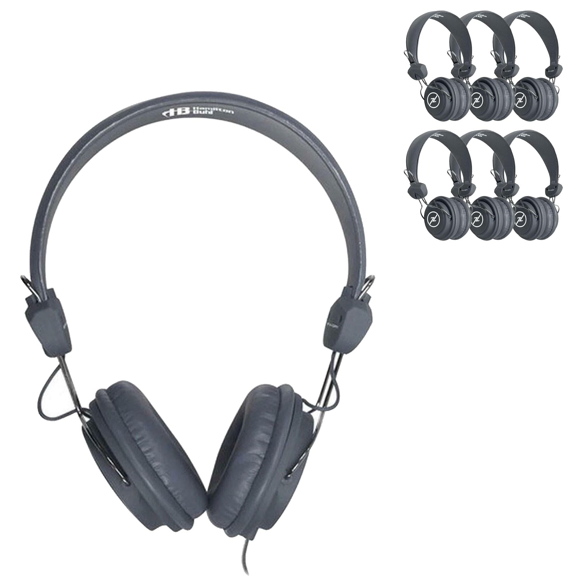 HamiltonBuhl 50 Pack Favoritz Gray Headphones - Mid Size Ear Cups, Wide Headband with Soft Leatherette Cushions - 5ft Straight Cord with 3.5mm TRRS Plug & In-Line Mic - Perfect for Classroom, Call Center, Office & Online Learning