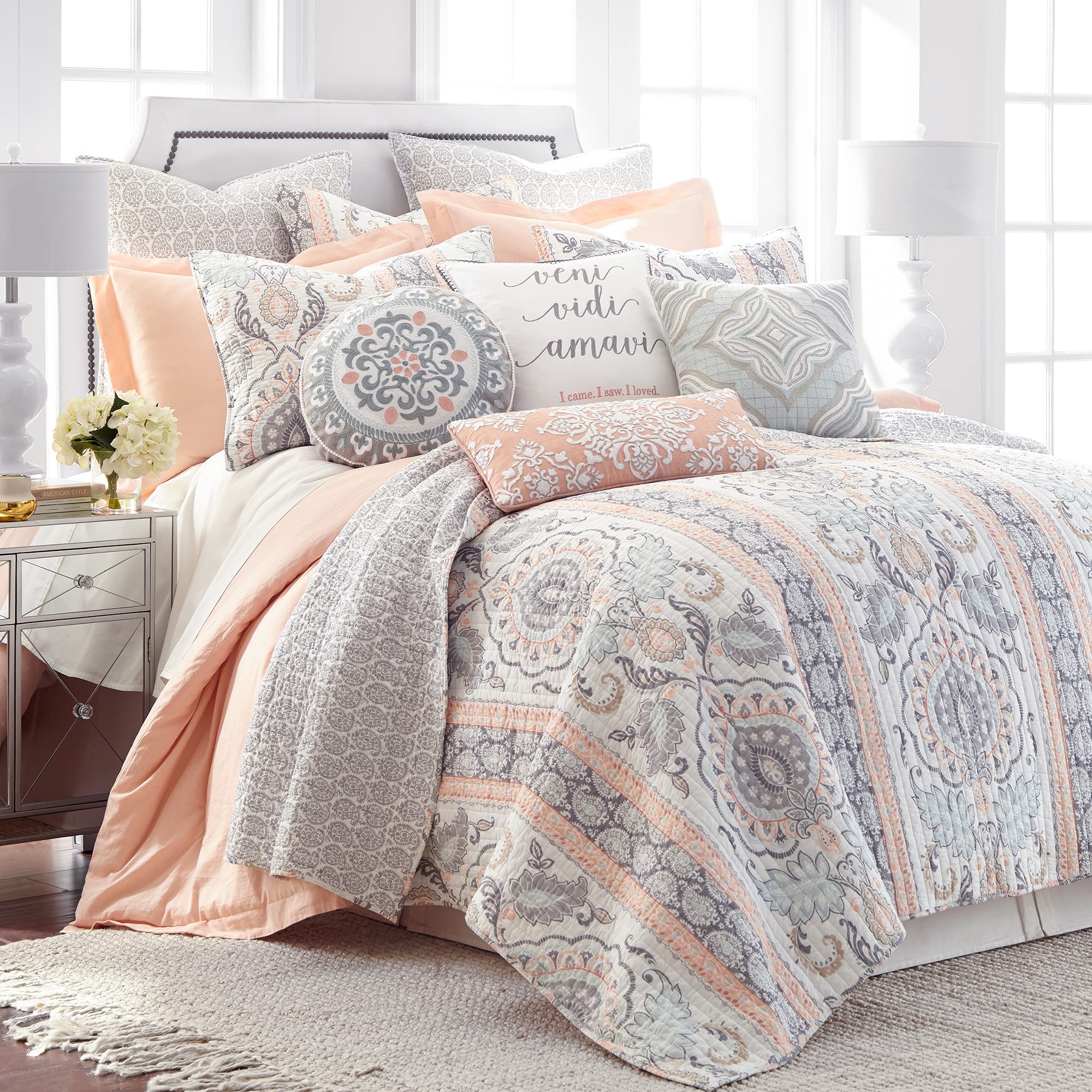 Levtex Home Darcy King Quilt Set - 100% Cotton Floral Bedding in Gray | Perfect for Master Bedroom, Guest Room & Cozy Home Decor