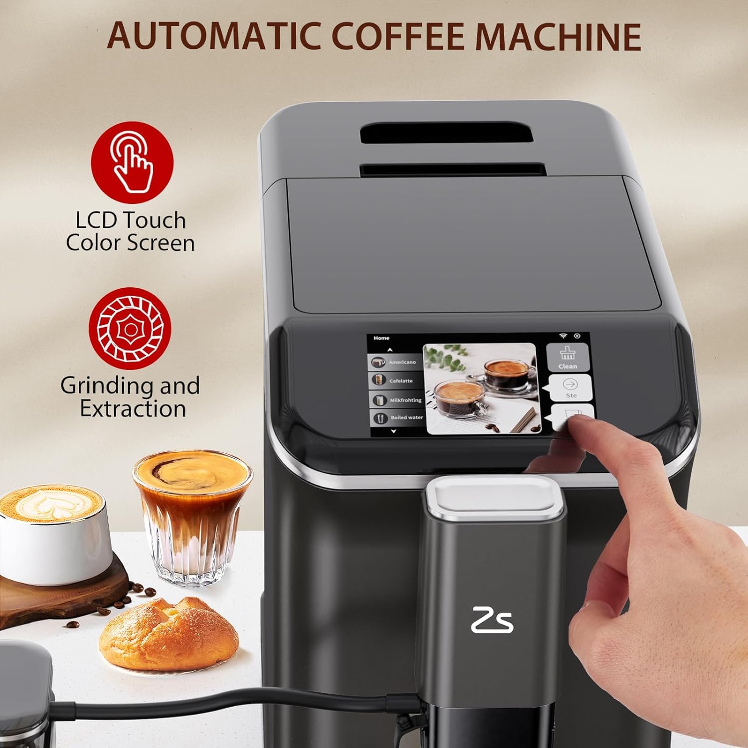 **Automatic Espresso Machine with Milk Frother - 20 Bar Pressure, Adjustable Grind (1-15), Built-In Coffee Bean Grinder, TFT Touch Screen - Black (Perfect for Home Baristas & Coffee Lovers)**