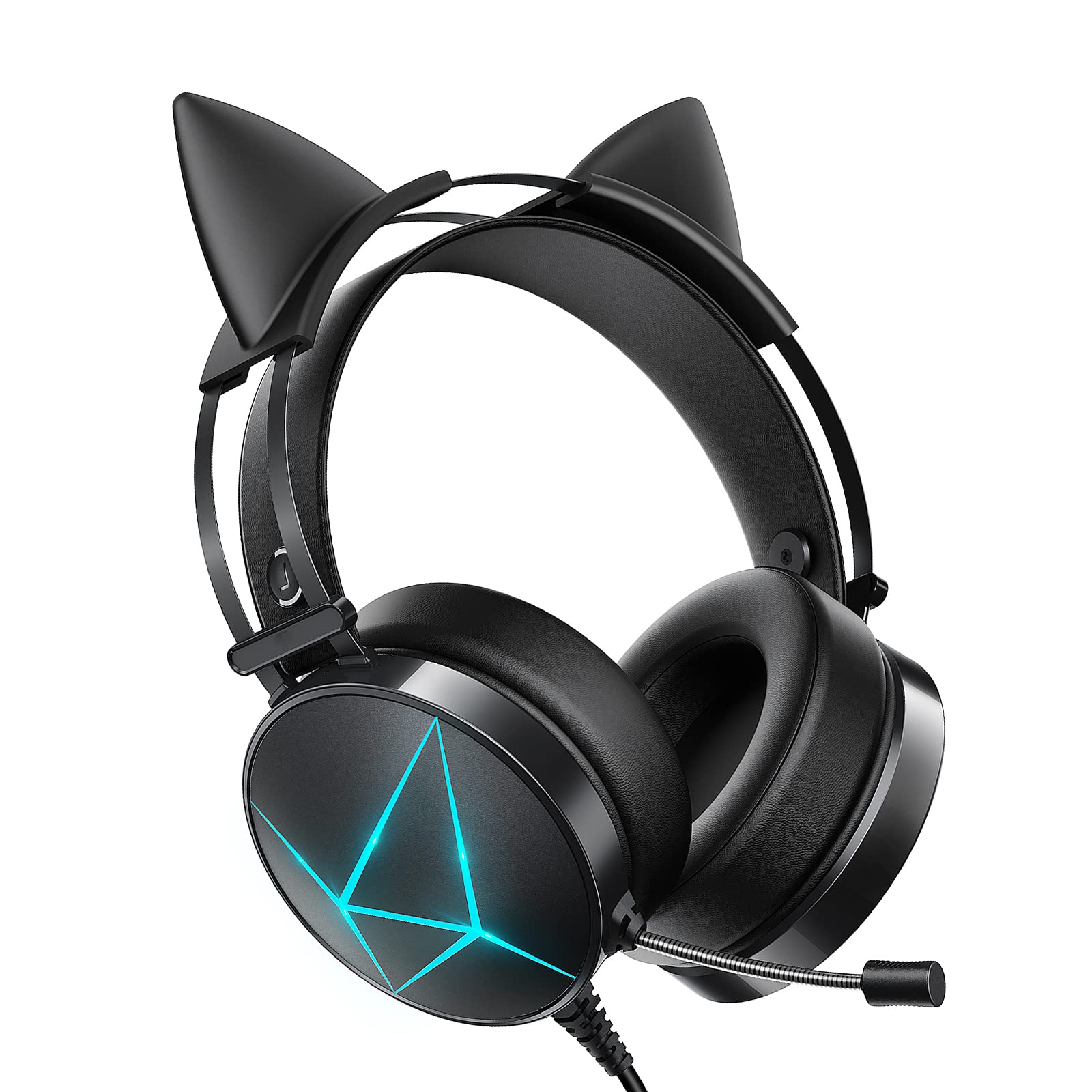 Wireless Gaming Headset for PC, PS5, PS4, Xbox One - Cat Ear Headphones with Detachable Mic, 7.1 Surround Sound & Noise Cancellation - LED Light Black Gaming Headset for Streaming, Esports & Online Chat