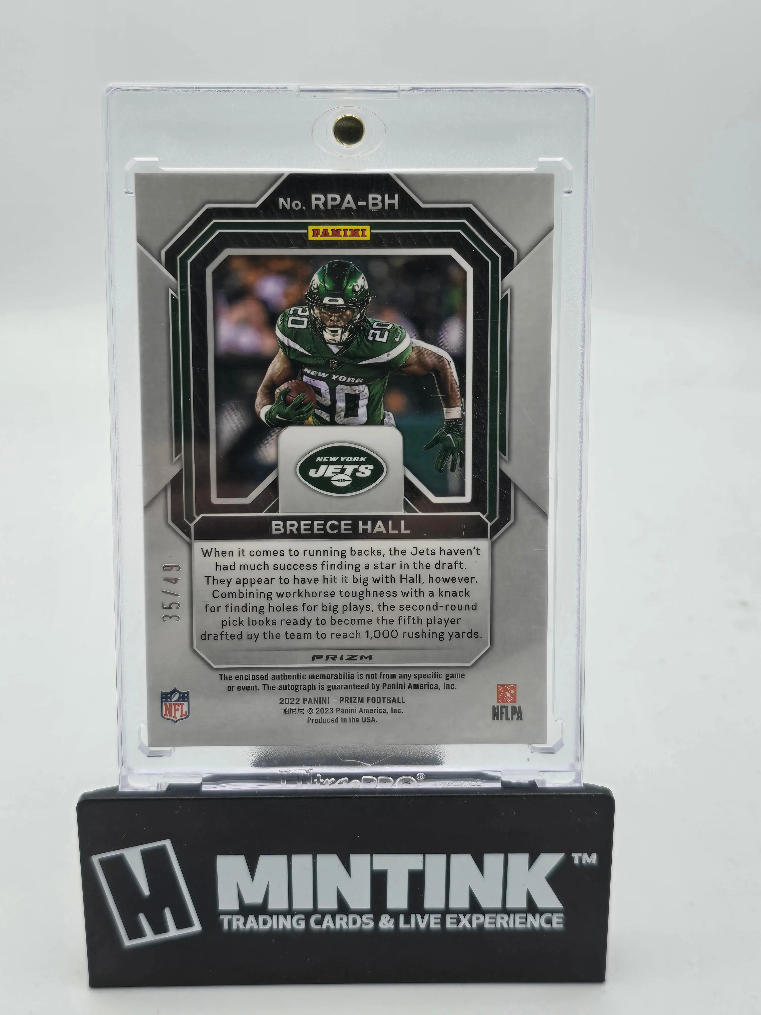 2022 Panini Prizm Football Breece Hall Rookie Card Purple Checkerboard Patch Auto /49 - Collectible NFL Memorabilia for Sports Fans & Card Enthusiasts