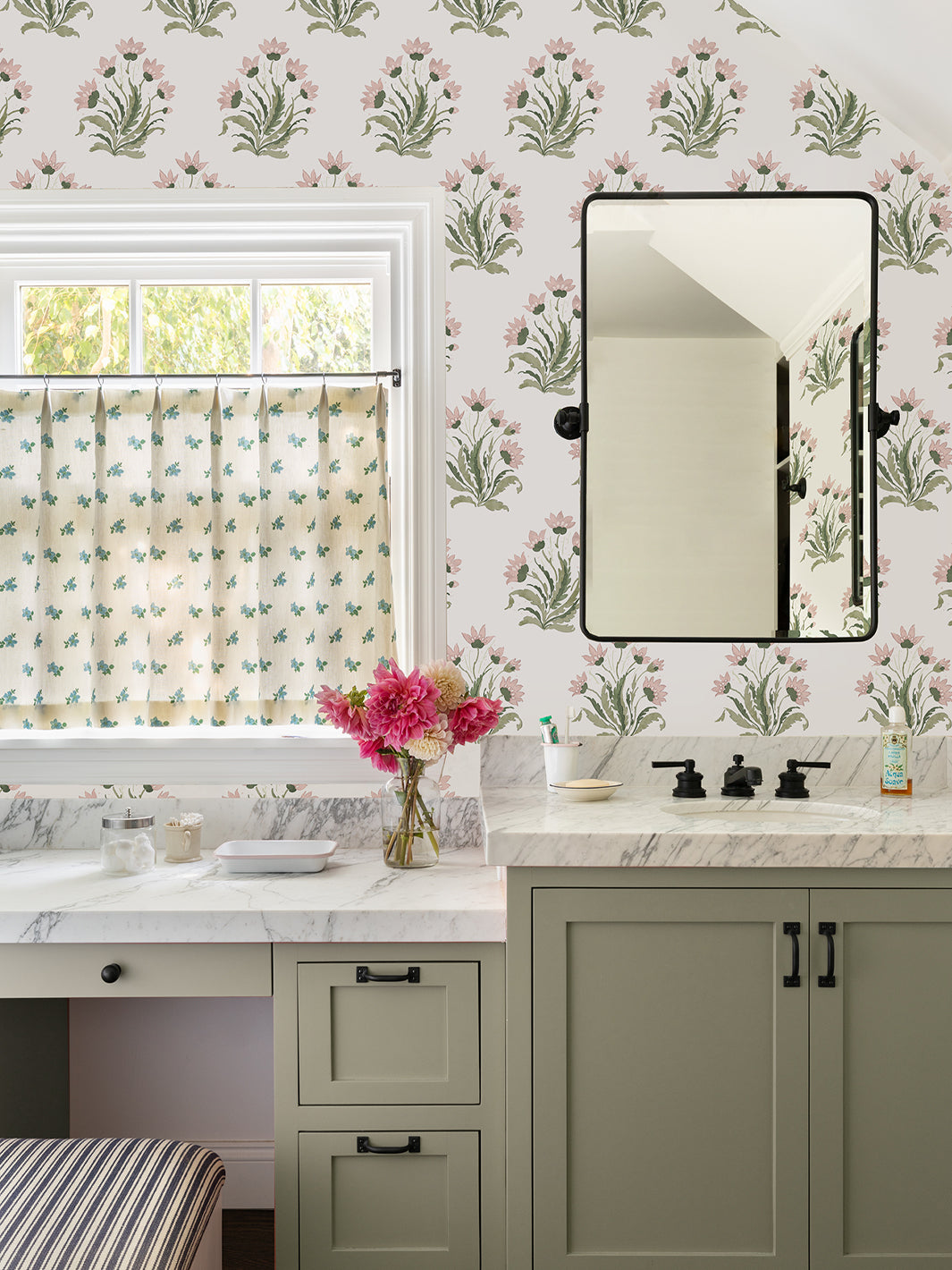 Nathan Turner Hillhouse Block Print Large Wallpaper - Pink & Green Floral Design for Living Room & Bedroom Decor