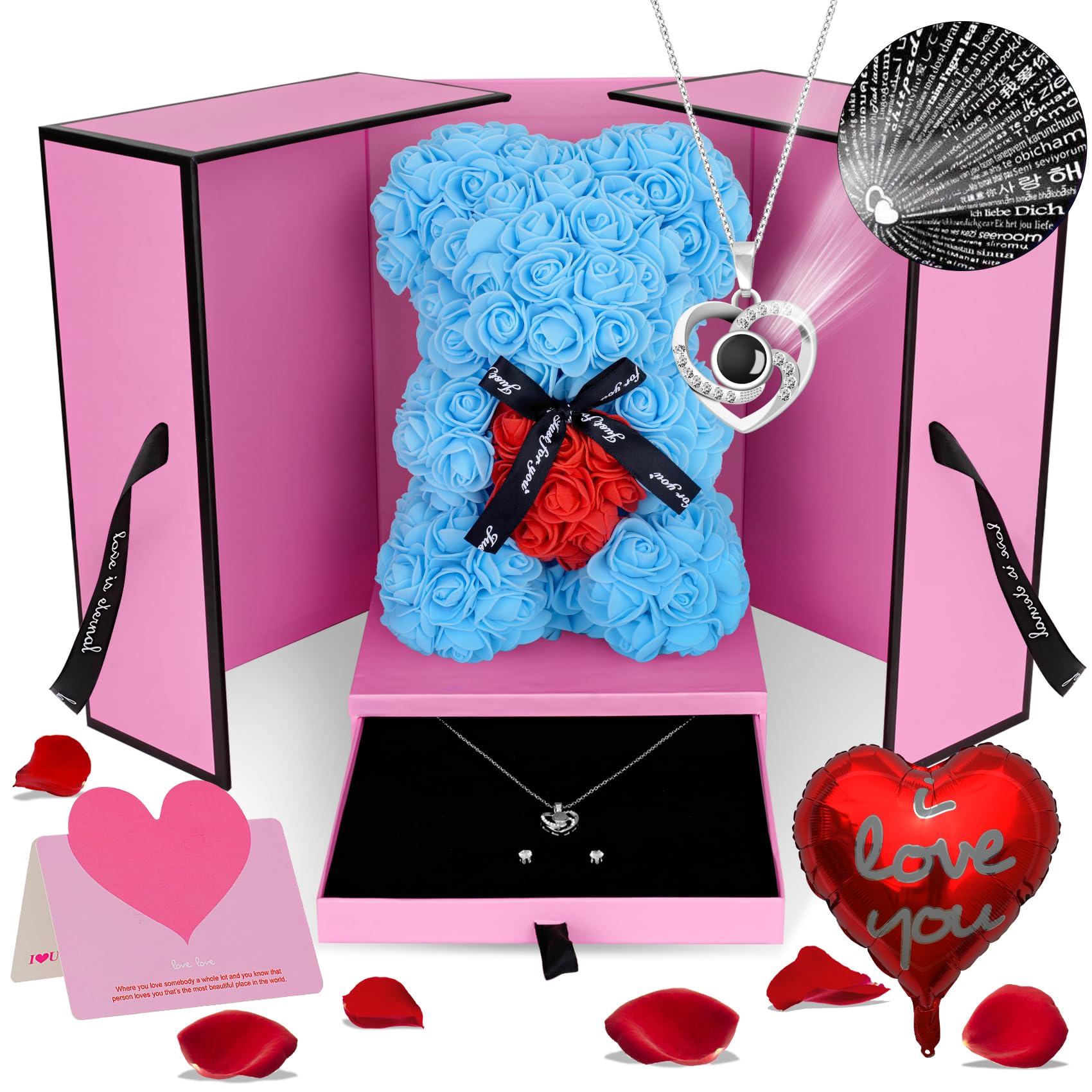HYRIXDIRECT Artificial Rose Bear Gift - Forever Rose Teddy Bear with Everlasting Flowers for Women, Mom, Wife - Perfect for Wedding, Anniversary, Valentine's Day & Mother's Day Gifts