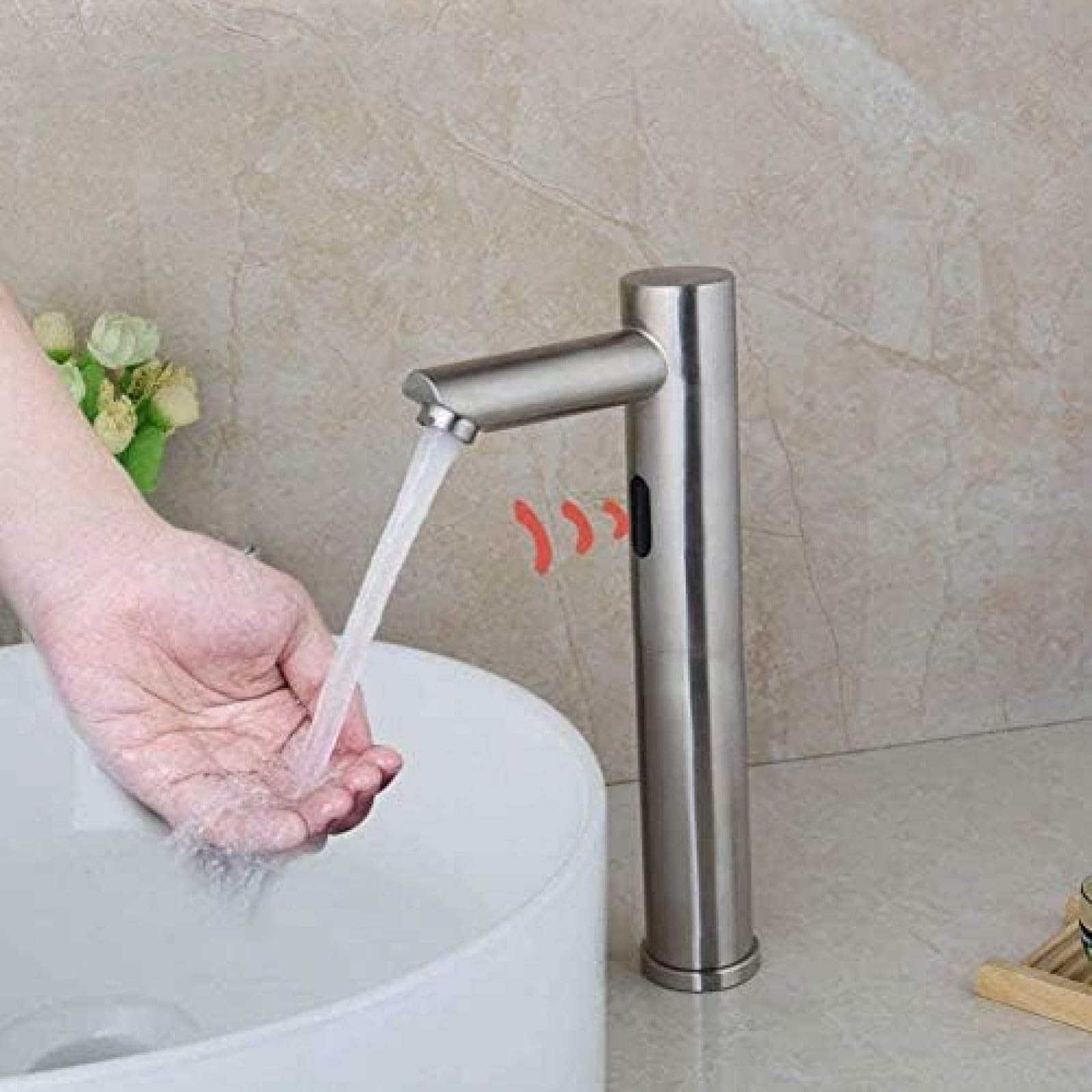 CRJUS Automatic Sensor Faucet - Brushed Nickel Deck Mount Kitchen & Bathroom Sink Tap with Hot/Cold Water Mixer - Ideal for Modern Homes, Restaurants, and Public Restrooms