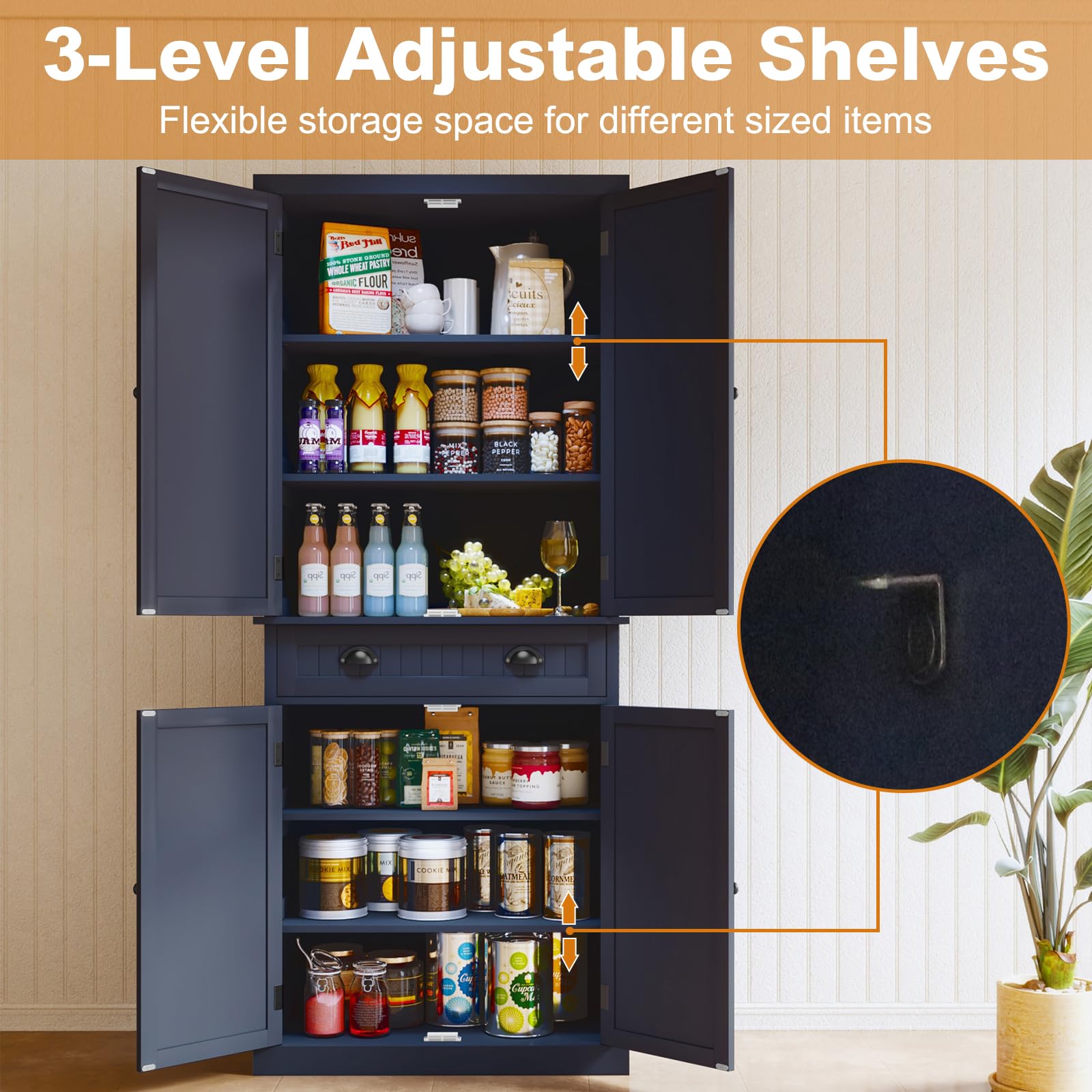 ARTPOWER 3-Tier Kitchen Pantry Storage Cabinet with Drawer & Adjustable Shelves - Organizer for Spices, Food, Toiletries - Perfect for Kitchen, Bathroom, Hallway or Laundry Room - Modern Blue Storage Solution
