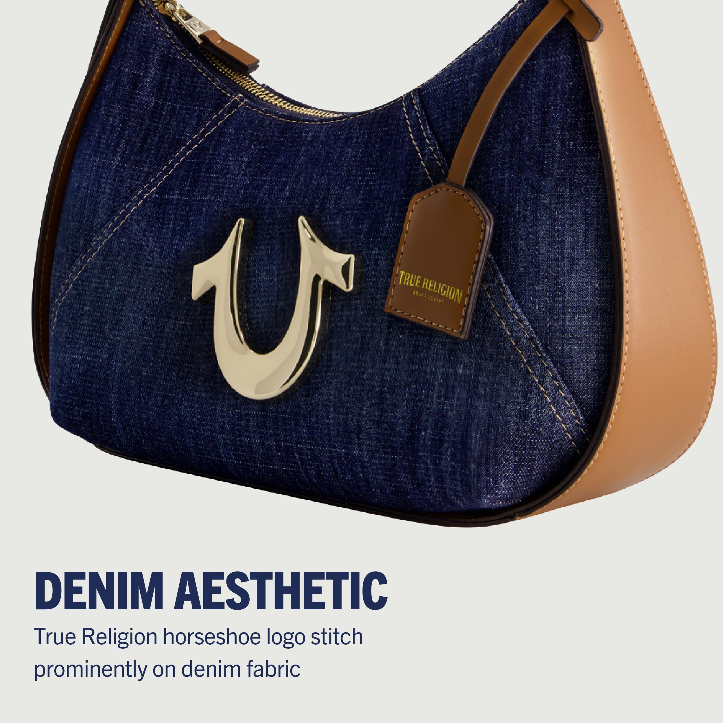 True Religion Women's Denim Hobo Shoulder Bag with Adjustable Strap & Horseshoe Logo - Stylish Crossbody Purse for Everyday Use, Shopping, and Travel